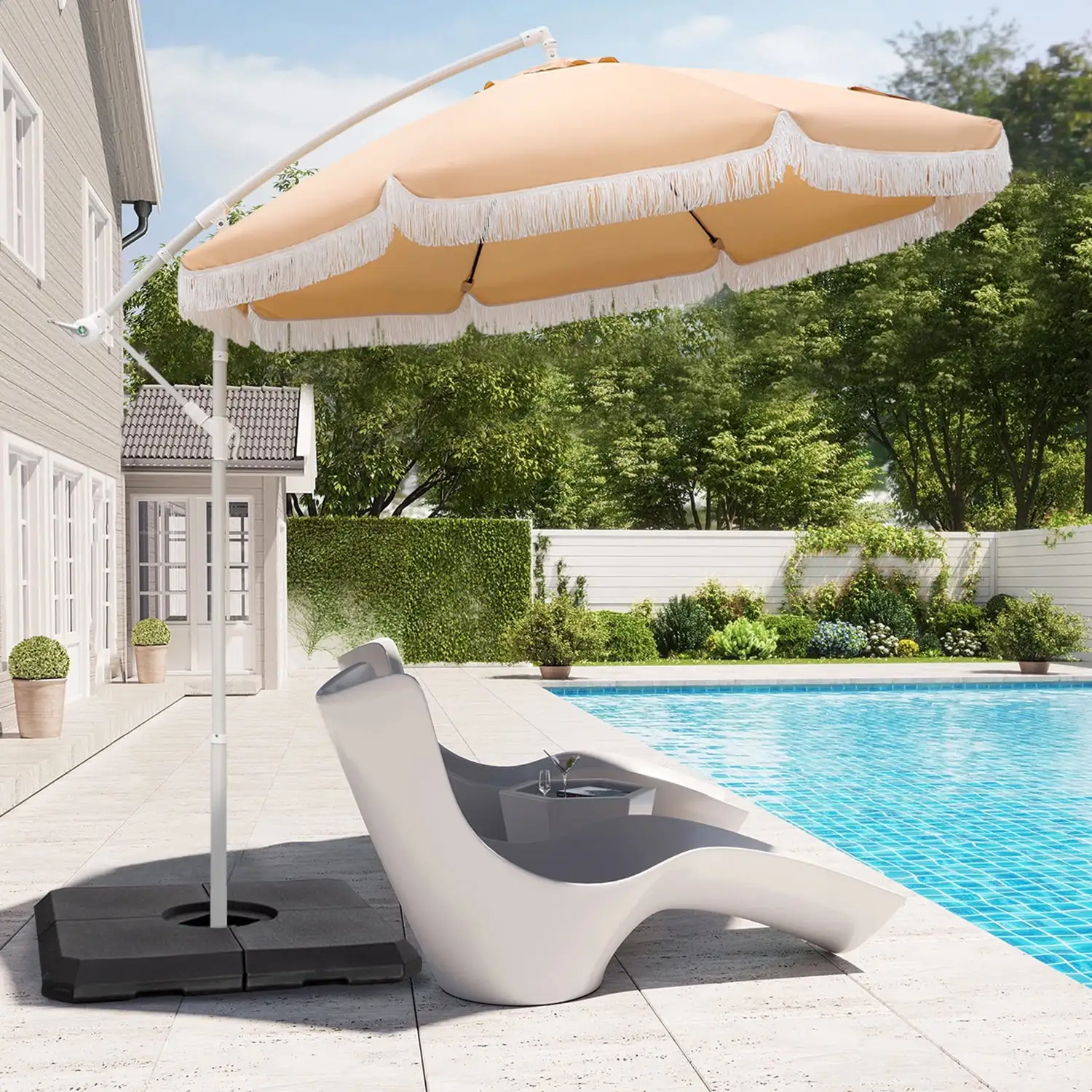 Summit Living 9FT Offset Patio Umbrella with Crank and Cross Base. Beige