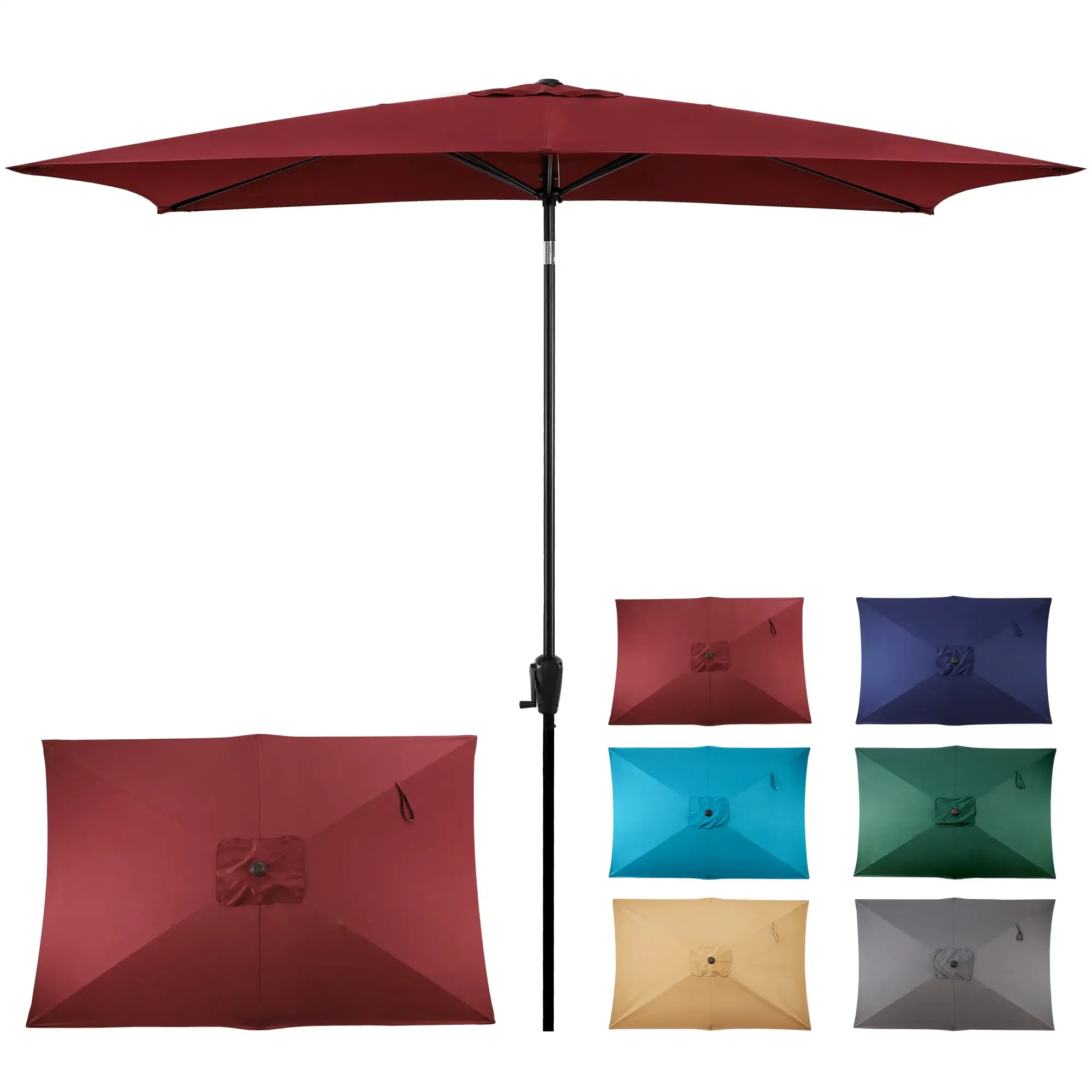 Sun-Ray 6.6x10 FT Rectangular Patio Umbrella with Push-Button Tilt and Hand Crank Canopy Lift. Table Umbrella with Solution Dyed Navy Fabric for Porch. Deck. Garden. and Swimming Pool. Burgandy