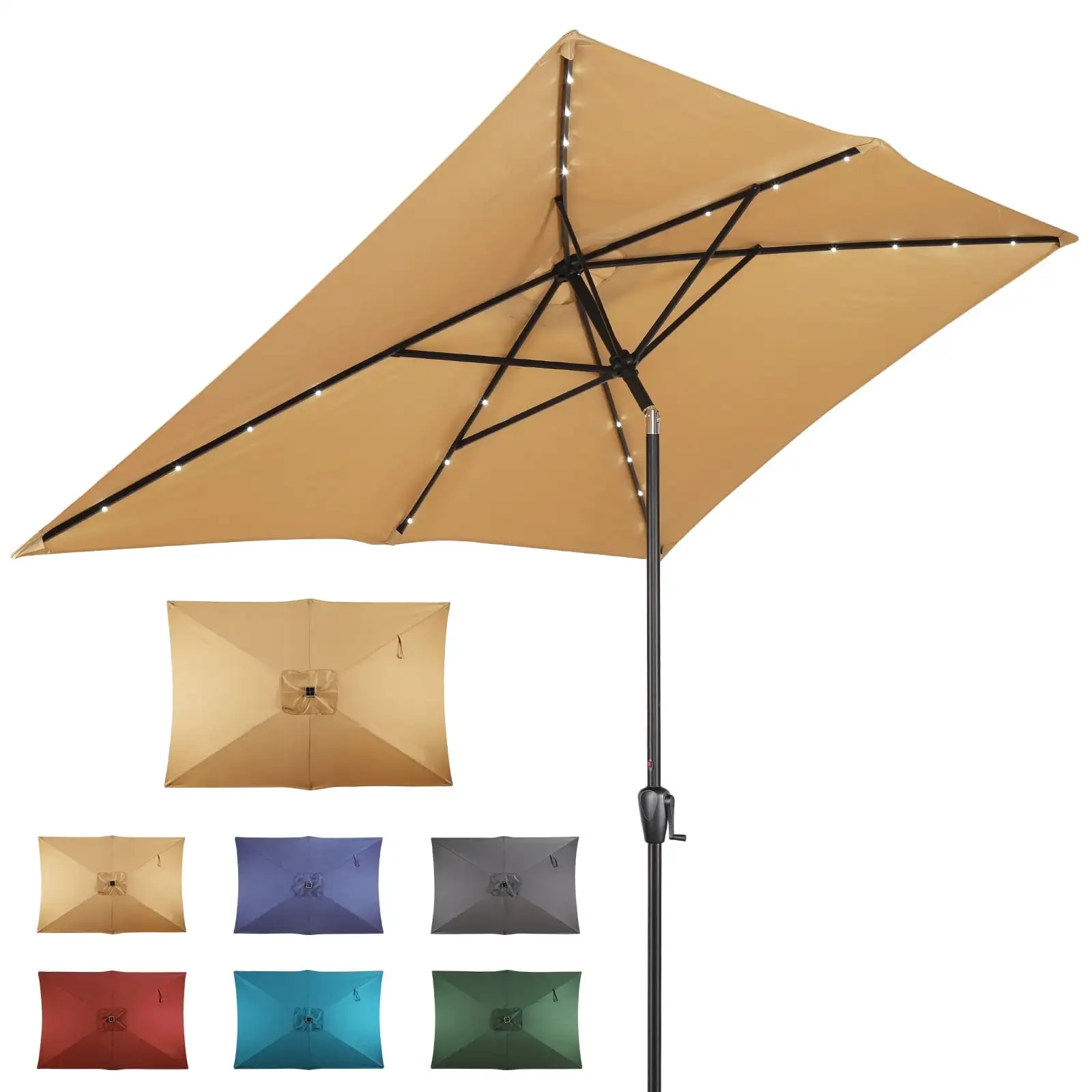 Sun-Ray 6.6x10 FT Solar LED Rectangular Patio Umbrella with Push-Button Tilt and Hand Crank Canopy Lift. Table Umbrella with Solution Dyed Navy Fabric for Porch. Deck. Garden. and Swimming Pool. Taupe