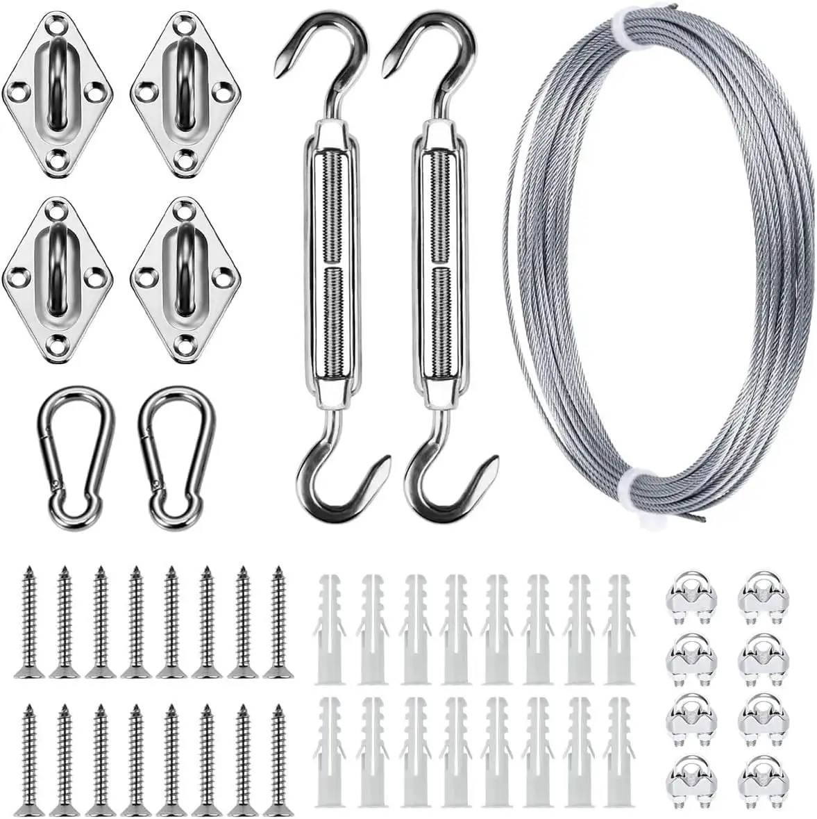 Sun Shade Hardware Kit for Rectangle and Square Sun Shade Sails Installation.5 inch Heavy Duty Anti-Rust Sail Shade Hardware Kit with 50 ft Cable Wire Ropes