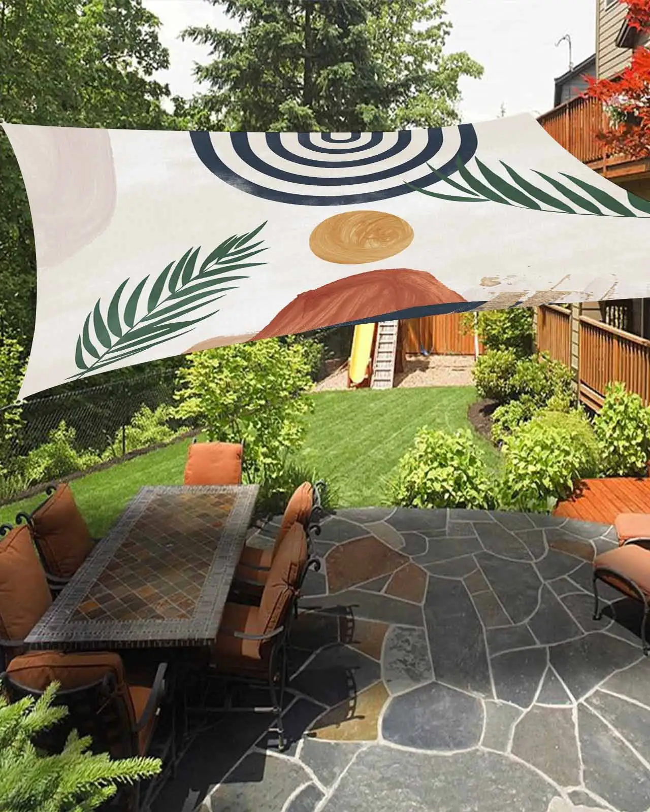 Sun Shade Sail 12x16Ft Abstract Geometric Bohemian Mid Century Modern Uv Block Sunshade Canopy Outdoor Shade Cover Rectangle Shade Cloth For Patio Garden Yard Deck Pergola