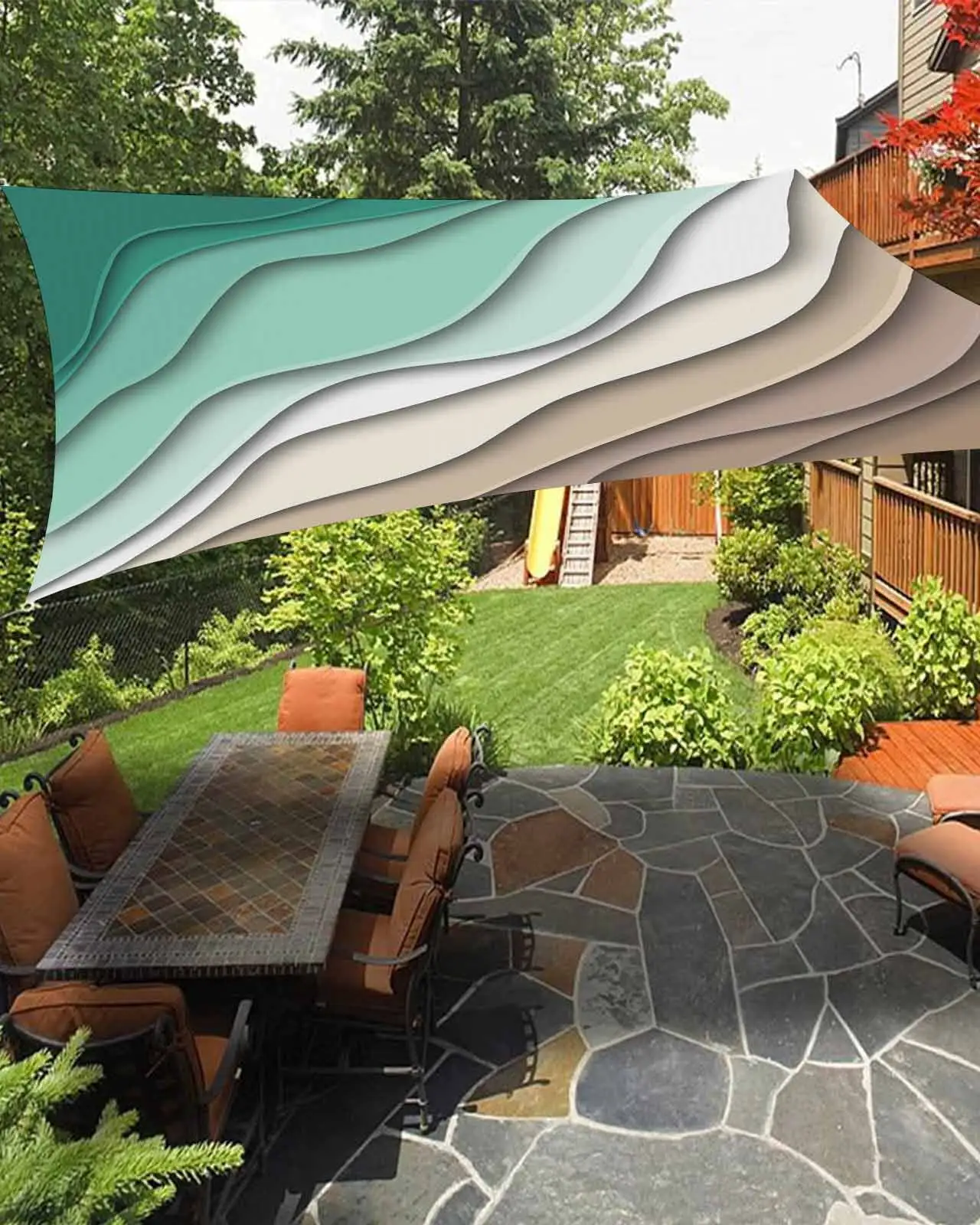 Sun Shade Sail 12x16Ft Abstract Geometric Green Brown Gradient Waves Beach Uv Block Sunshade Canopy Outdoor Shade Cover Rectangle Shade Cloth For Patio Garden Yard Deck Pergola