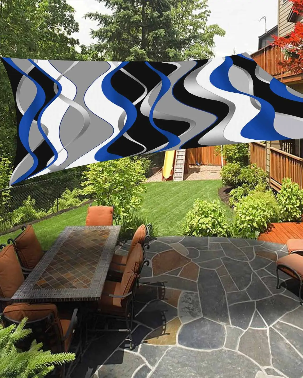 Sun Shade Sail 12x16Ft Abstract Geometric Ombre Gray Black and Blue Uv Block Sunshade Canopy Outdoor Shade Cover Rectangle Shade Cloth For Patio Garden Yard Deck Pergola