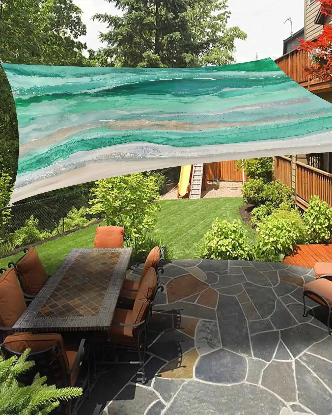 Sun Shade Sail 12x16Ft Abstract Green Gradient Beach Ocean Wave Oil Painting Uv Block Sunshade Canopy Outdoor Shade Cover Rectangle Shade Cloth For Patio Garden Yard Deck Pergola