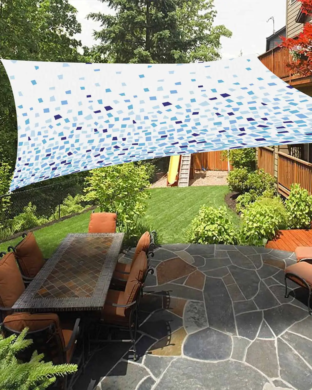 Sun Shade Sail 12x16Ft Blue Gradient Geometic Pattern Uv Block Sunshade Canopy Outdoor Shade Cover Rectangle Shade Cloth For Patio Garden Yard Deck Pergola