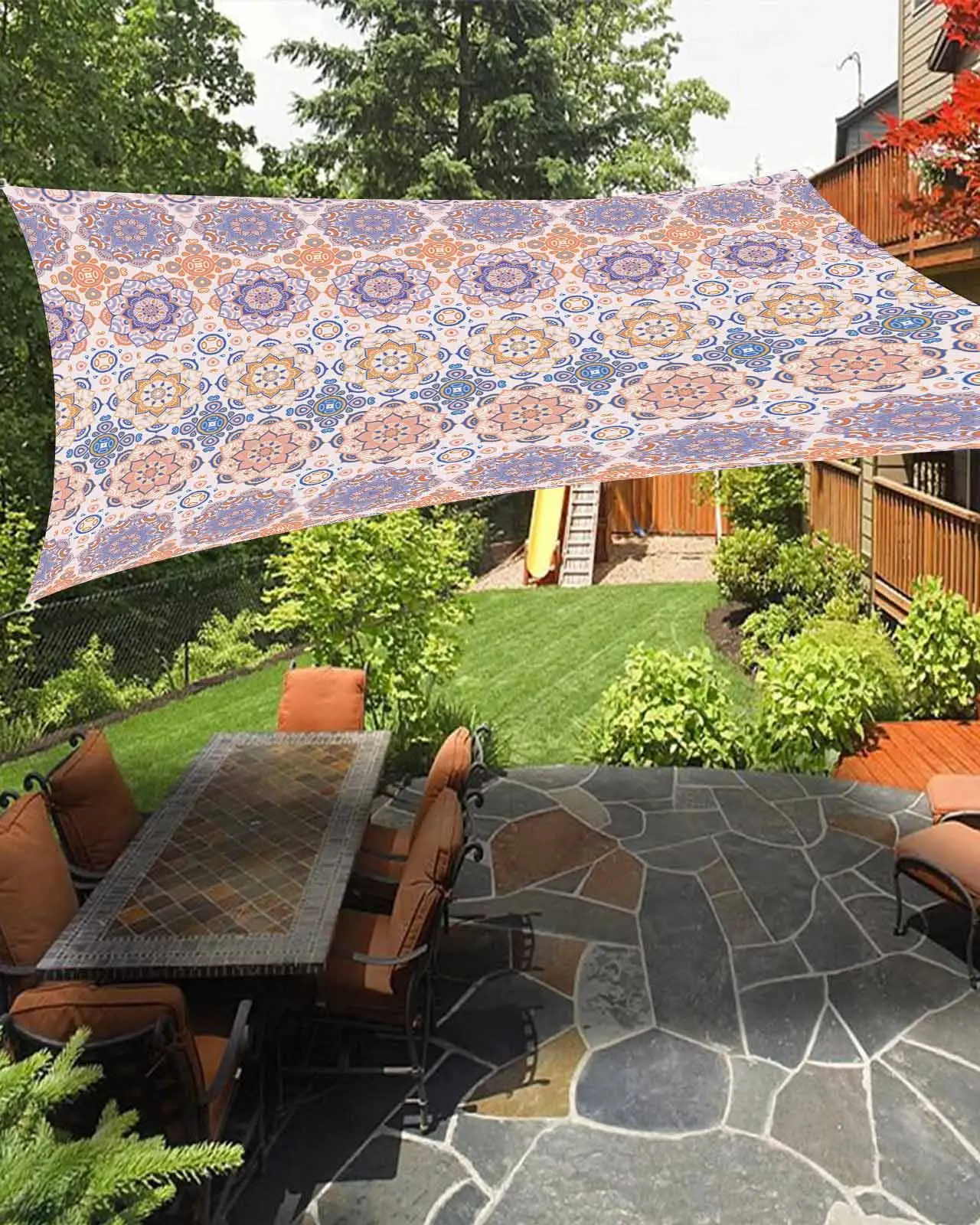 Sun Shade Sail 12x16Ft Bohemia Mandala Floral Ethnic Pattern Rustic Uv Block Sunshade Canopy Outdoor Shade Cover Rectangle Shade Cloth For Patio Garden Yard Deck Pergola