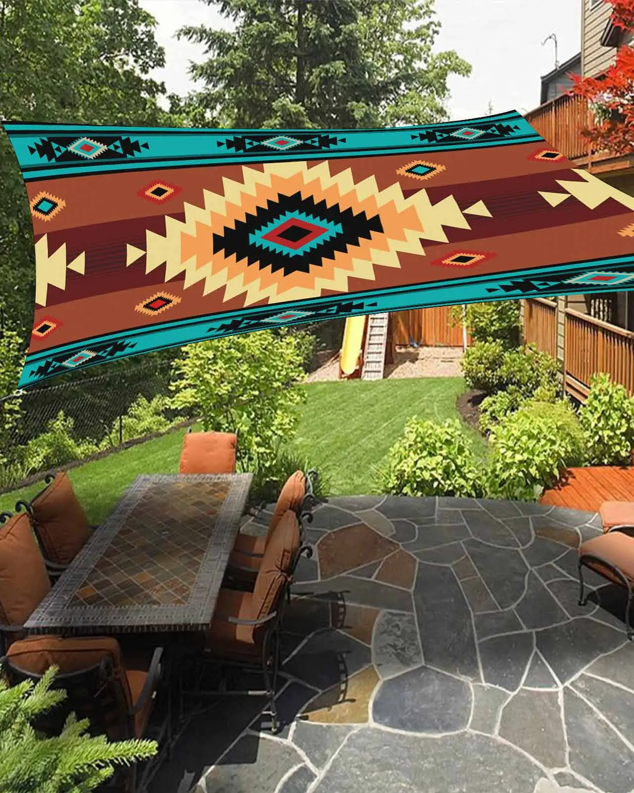 Sun Shade Sail 12x16Ft Bohemian Decoration Brown Blue and Red Uv Block Sunshade Canopy Outdoor Shade Cover Rectangle Shade Cloth For Patio Garden Yard Deck Pergola