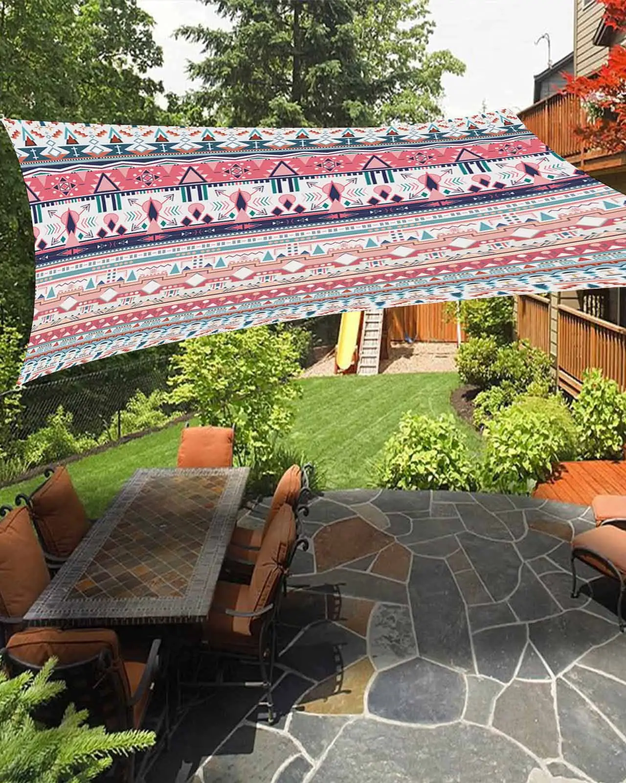 Sun Shade Sail 12x16Ft Bohemian Striped Traditonal Boho Uv Block Sunshade Canopy Outdoor Shade Cover Rectangle Shade Cloth For Patio Garden Yard Deck Pergola