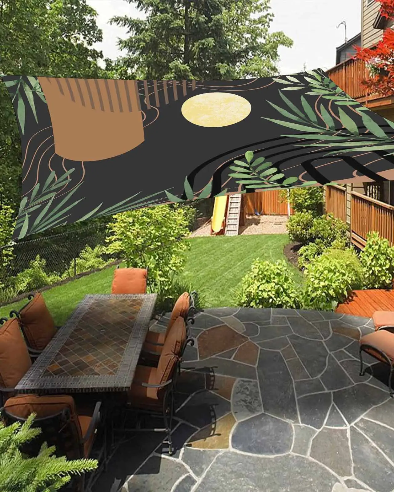 Sun Shade Sail 12x16Ft Boho Abstract Geometric Lines Gold Moon Plant Leaves Black Uv Block Sunshade Canopy Outdoor Shade Cover Rectangle Shade Cloth For Patio Garden Yard Deck Pergola