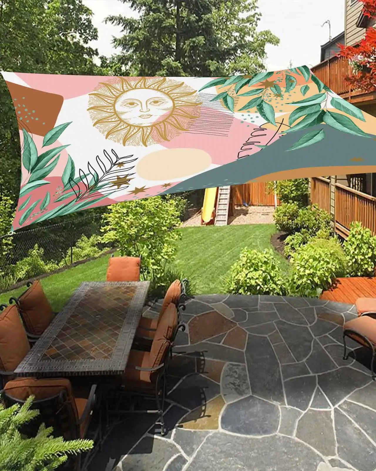 Sun Shade Sail 12x16Ft Boho Abstract Geometric Sun Plant Leaves Uv Block Sunshade Canopy Outdoor Shade Cover Rectangle Shade Cloth For Patio Garden Yard Deck Pergola