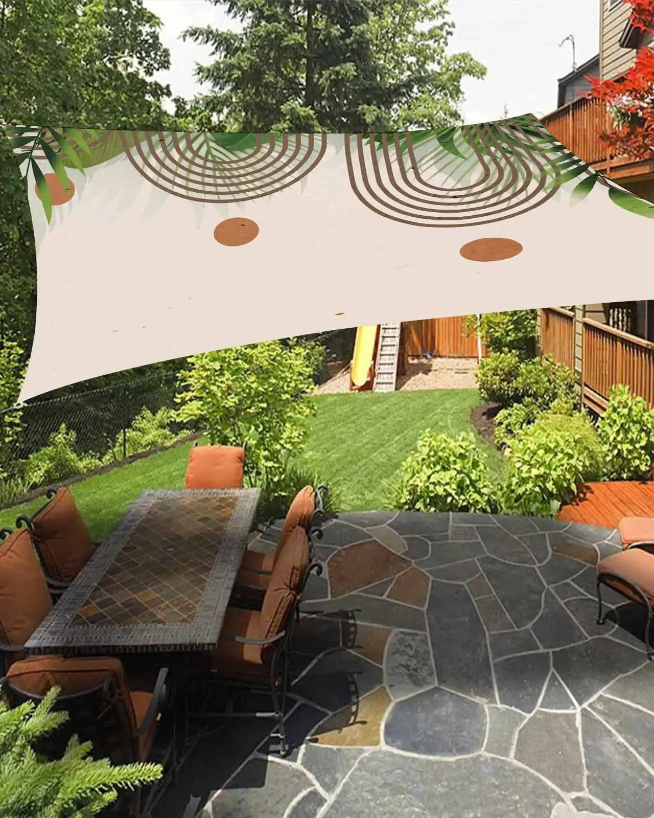 Sun Shade Sail 12x16Ft Boho Abstract Leaf Plant Bohemian Geometric Beige Uv Block Sunshade Canopy Outdoor Shade Cover Rectangle Shade Cloth For Patio Garden Yard Deck Pergola