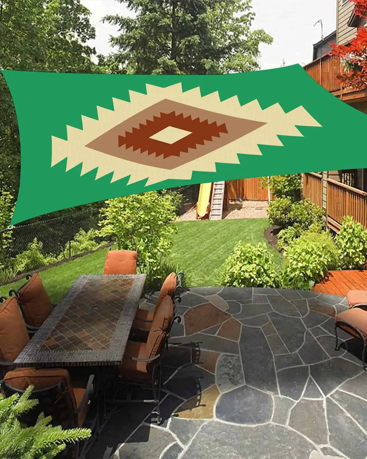 Sun Shade Sail 12x16Ft Boho Beige Brown and Red Geometric Moroccan Farmhouse Green Uv Block Sunshade Canopy Outdoor Shade Cover Rectangle Shade Cloth For Patio Garden Yard Deck Pergola