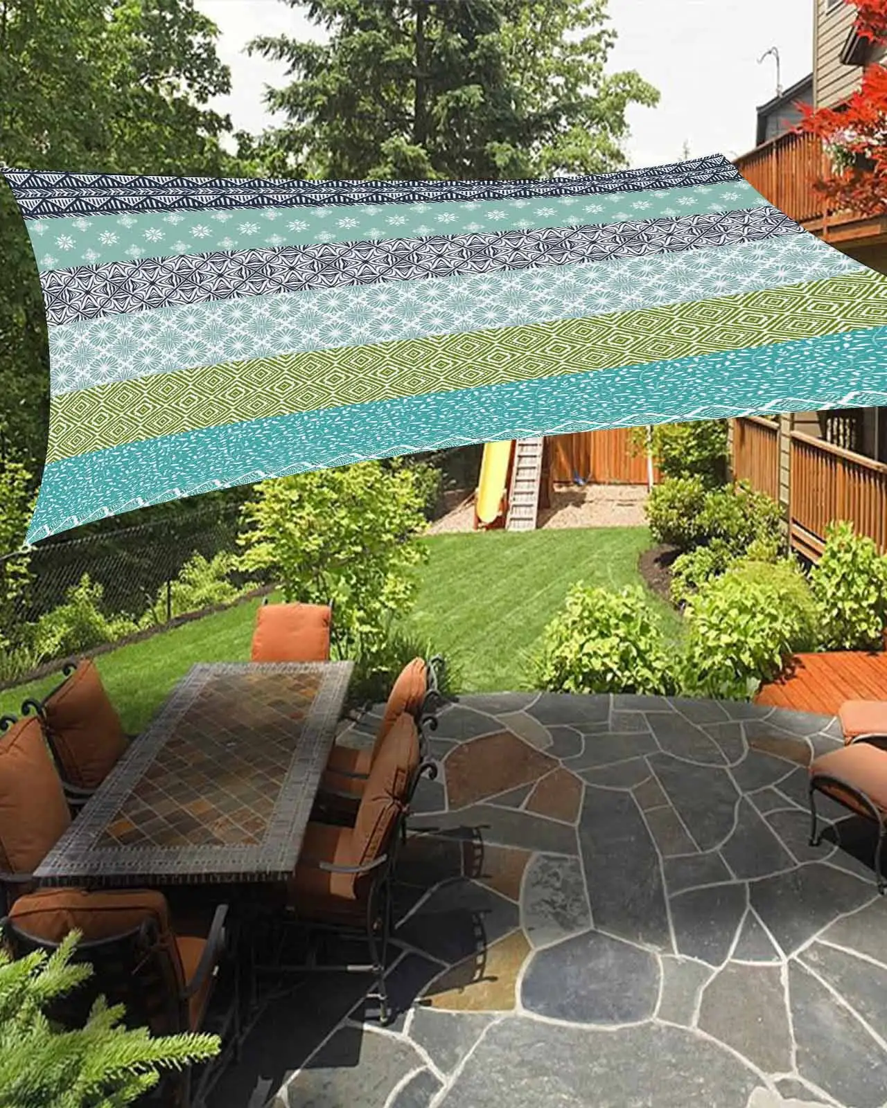 Sun Shade Sail 12x16Ft Boho Blue and Green Striped Geometric Ethnic Style Uv Block Sunshade Canopy Outdoor Shade Cover Rectangle Shade Cloth For Patio Garden Yard Deck Pergola