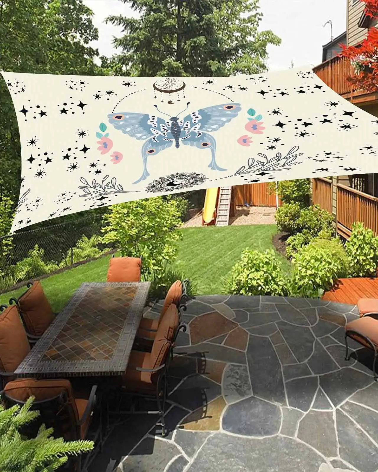 Sun Shade Sail 12x16Ft Boho Butterfly Moon Stars Flowers and Plants Uv Block Sunshade Canopy Outdoor Shade Cover Rectangle Shade Cloth For Patio Garden Yard Deck Pergola