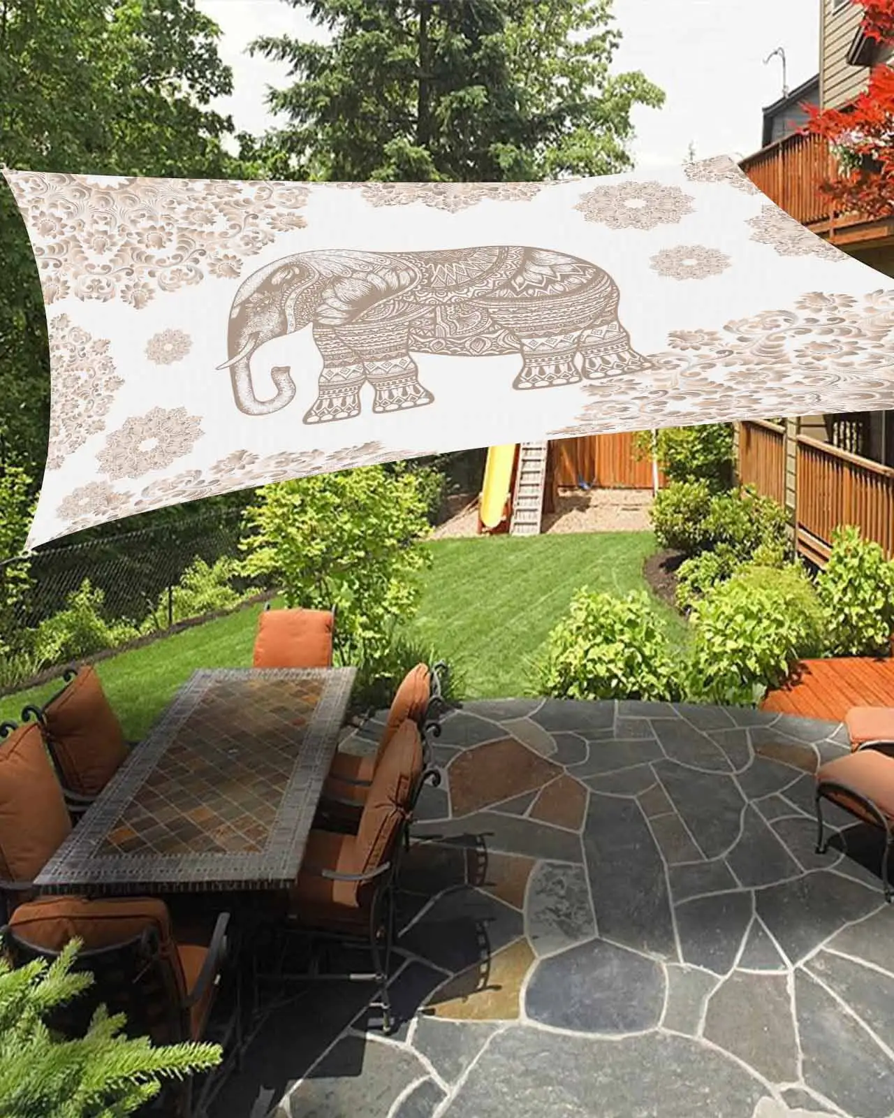 Sun Shade Sail 12x16Ft Boho Elephant and Flowers Uv Block Sunshade Canopy Outdoor Shade Cover Rectangle Shade Cloth For Patio Garden Yard Deck Pergola