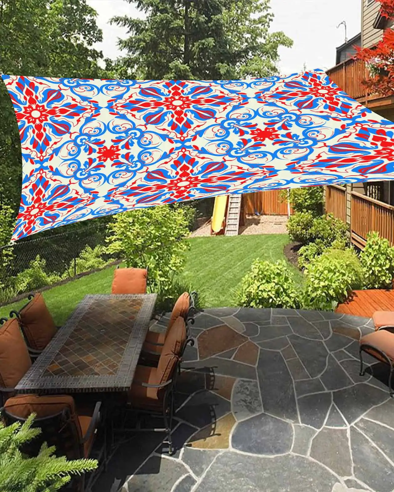 Sun Shade Sail 12x16Ft Boho Flower Blue Red Floral Abstract Lines Uv Block Sunshade Canopy Outdoor Shade Cover Rectangle Shade Cloth For Patio Garden Yard Deck Pergola