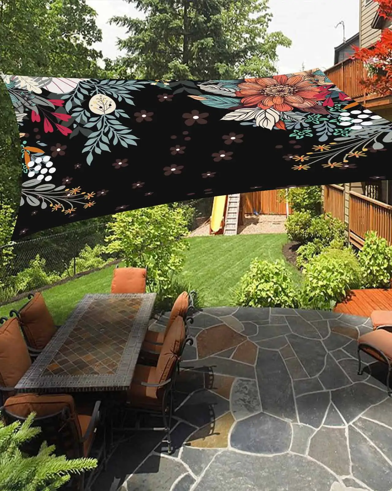 Sun Shade Sail 12x16Ft Boho Flower Plant Bohemian Abstract Floral Black Uv Block Sunshade Canopy Outdoor Shade Cover Rectangle Shade Cloth For Patio Garden Yard Deck Pergola