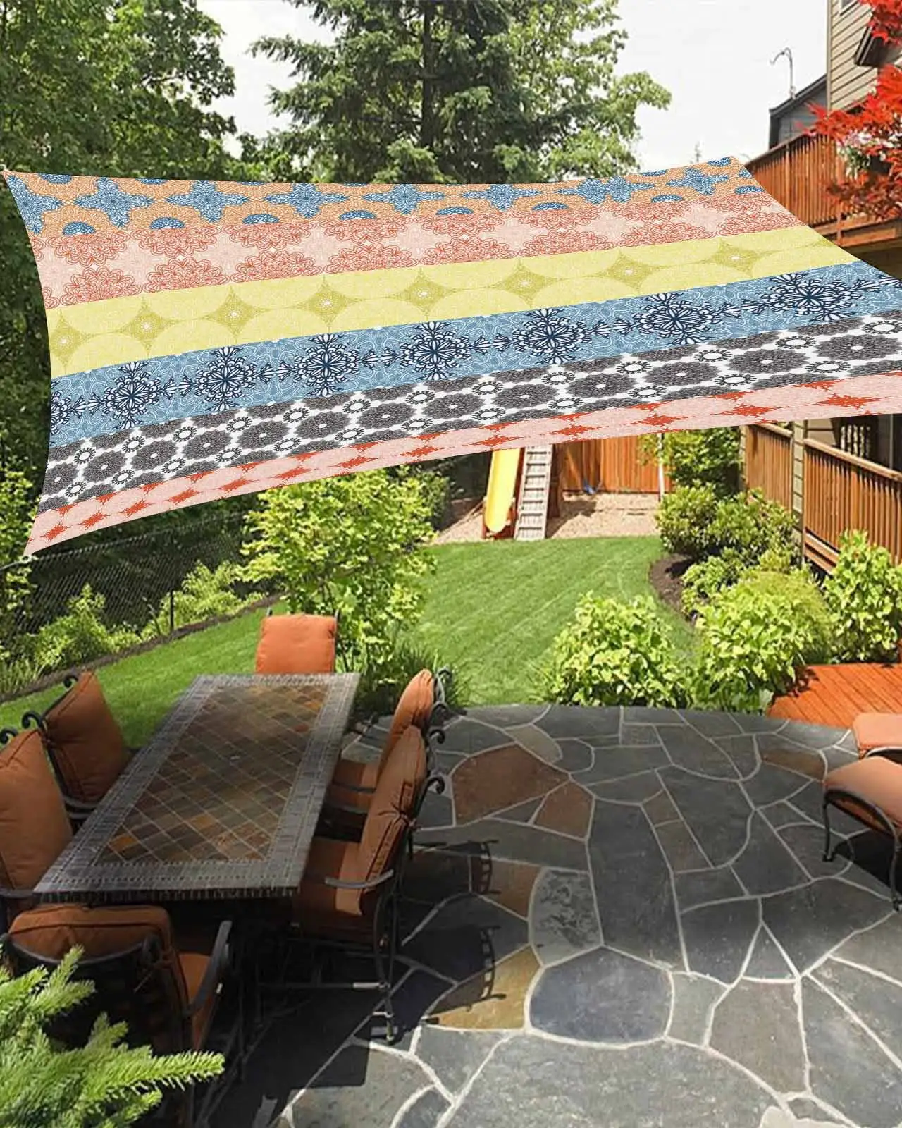 Sun Shade Sail 12x16Ft Boho Folk-Custom Blue Yellow Gray Flower Pattern Uv Block Sunshade Canopy Outdoor Shade Cover Rectangle Shade Cloth For Patio Garden Yard Deck Pergola