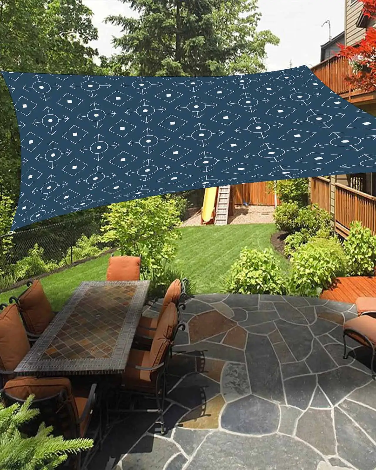 Sun Shade Sail 12x16Ft Boho Geomestry Navy Blue Uv Block Sunshade Canopy Outdoor Shade Cover Rectangle Shade Cloth For Patio Garden Yard Deck Pergola