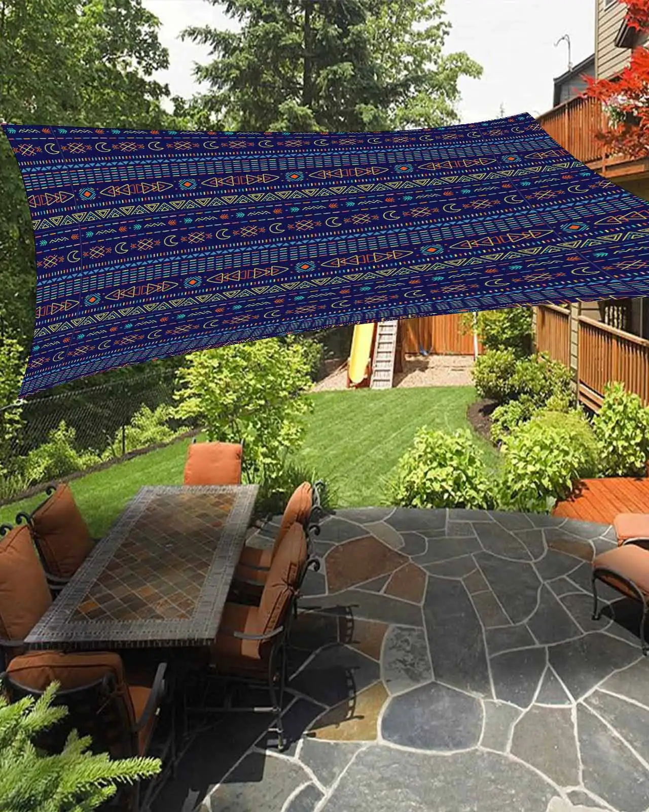 Sun Shade Sail 12x16Ft Boho Hand Painting Retro Flower Geometic Purple Uv Block Sunshade Canopy Outdoor Shade Cover Rectangle Shade Cloth For Patio Garden Yard Deck Pergola