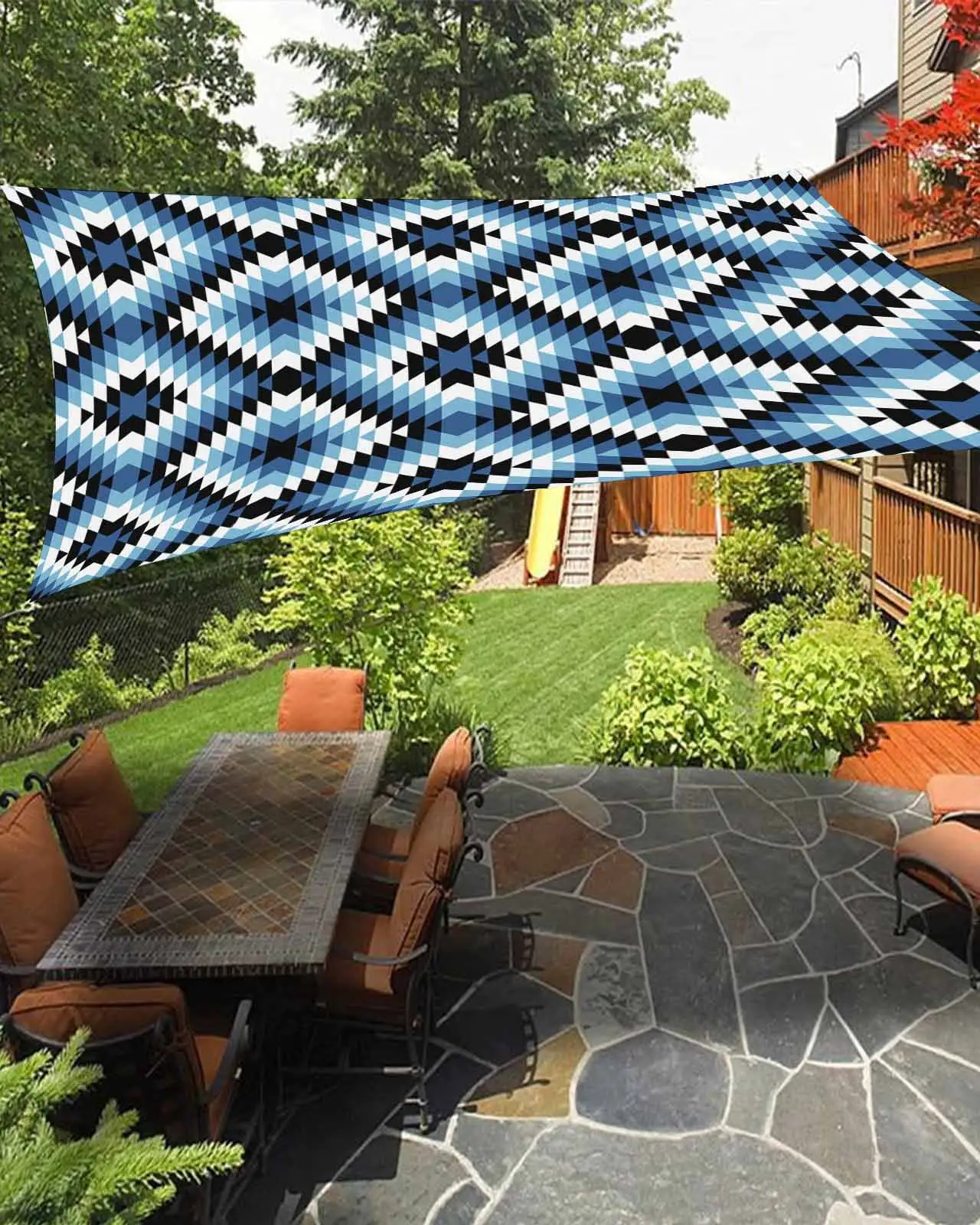 Sun Shade Sail 12x16Ft Boho Moroccan Blue Black and White Geometric Uv Block Sunshade Canopy Outdoor Shade Cover Rectangle Shade Cloth For Patio Garden Yard Deck Pergola