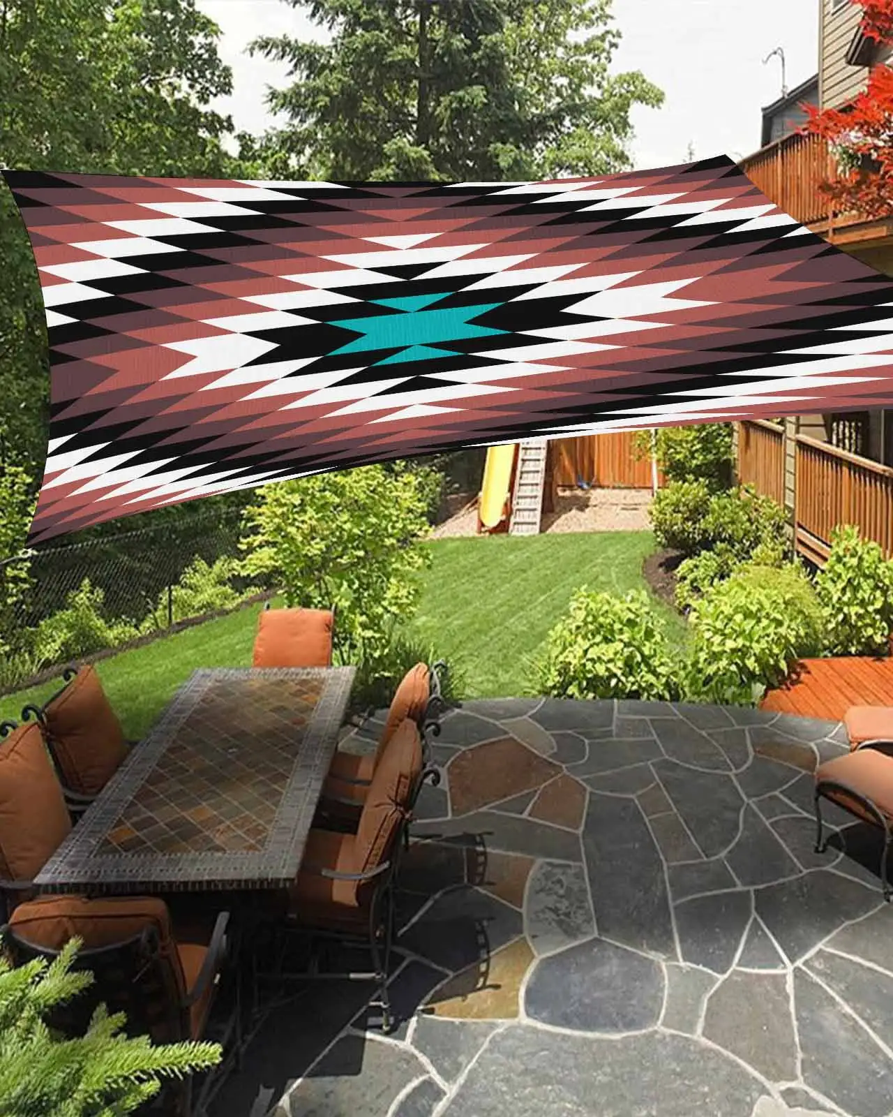 Sun Shade Sail 12x16Ft Boho Moroccan Brown Black White and Blue Striped Geometric Uv Block Sunshade Canopy Outdoor Shade Cover Rectangle Shade Cloth For Patio Garden Yard Deck Pergola