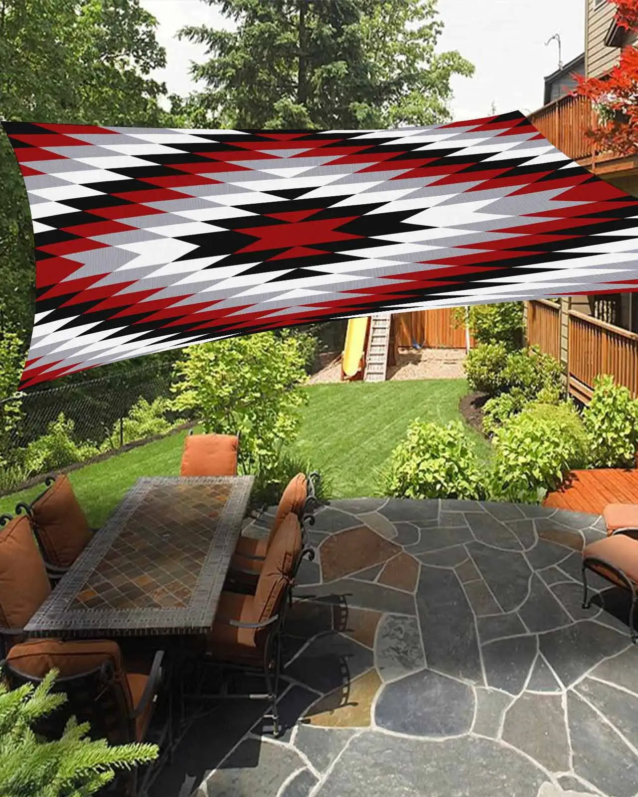 Sun Shade Sail 12x16Ft Boho Moroccan Red Black Grey and White Striped Geometric Uv Block Sunshade Canopy Outdoor Shade Cover Rectangle Shade Cloth For Patio Garden Yard Deck Pergola