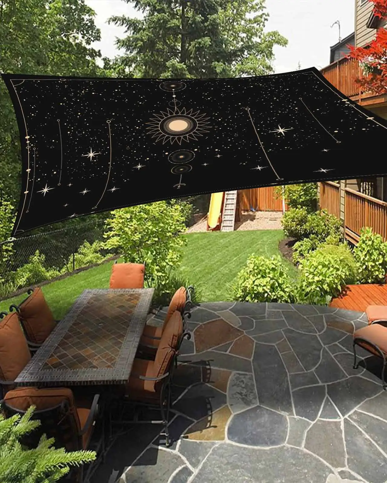 Sun Shade Sail 12x16Ft Boho Mystical Galaxy Sun Moon Stars Black Bohemia Uv Block Sunshade Canopy Outdoor Shade Cover Rectangle Shade Cloth For Patio Garden Yard Deck Pergola