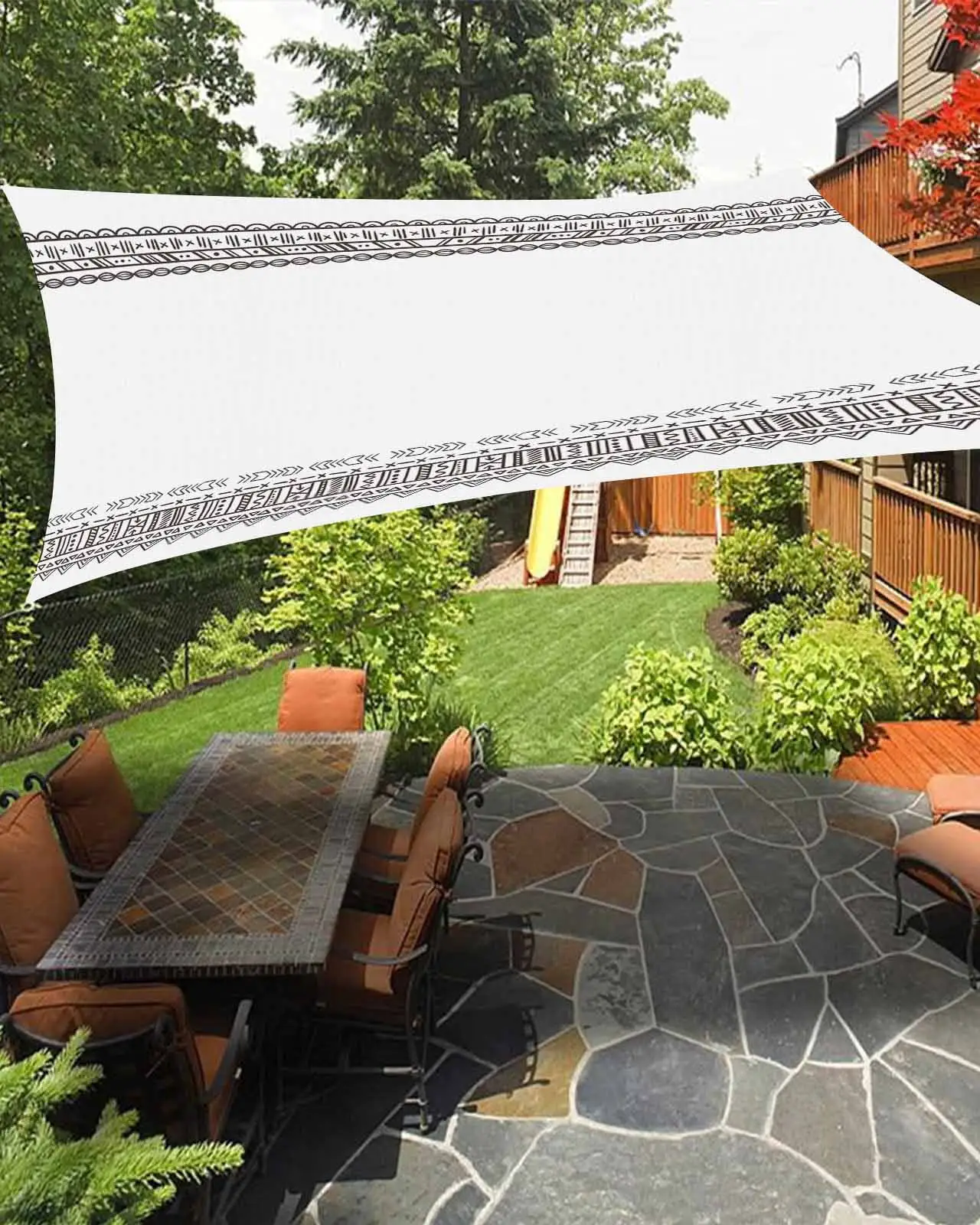 Sun Shade Sail 12x16Ft Boho Style Black White Geometric Pattern Uv Block Sunshade Canopy Outdoor Shade Cover Rectangle Shade Cloth For Patio Garden Yard Deck Pergola