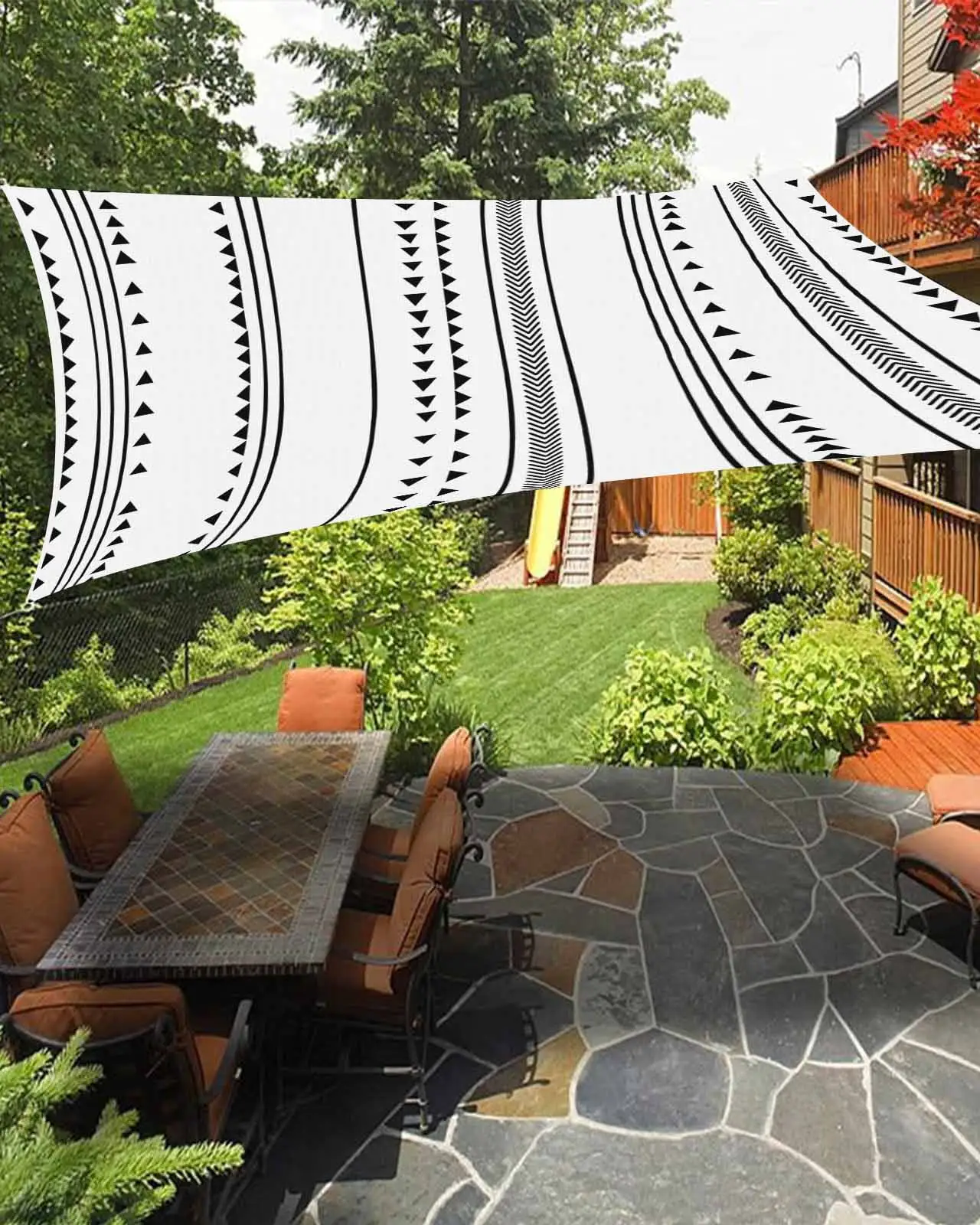 Sun Shade Sail 12x16Ft Boho Style Geometric Stripe Triangle Pattern White Uv Block Sunshade Canopy Outdoor Shade Cover Rectangle Shade Cloth For Patio Garden Yard Deck Pergola