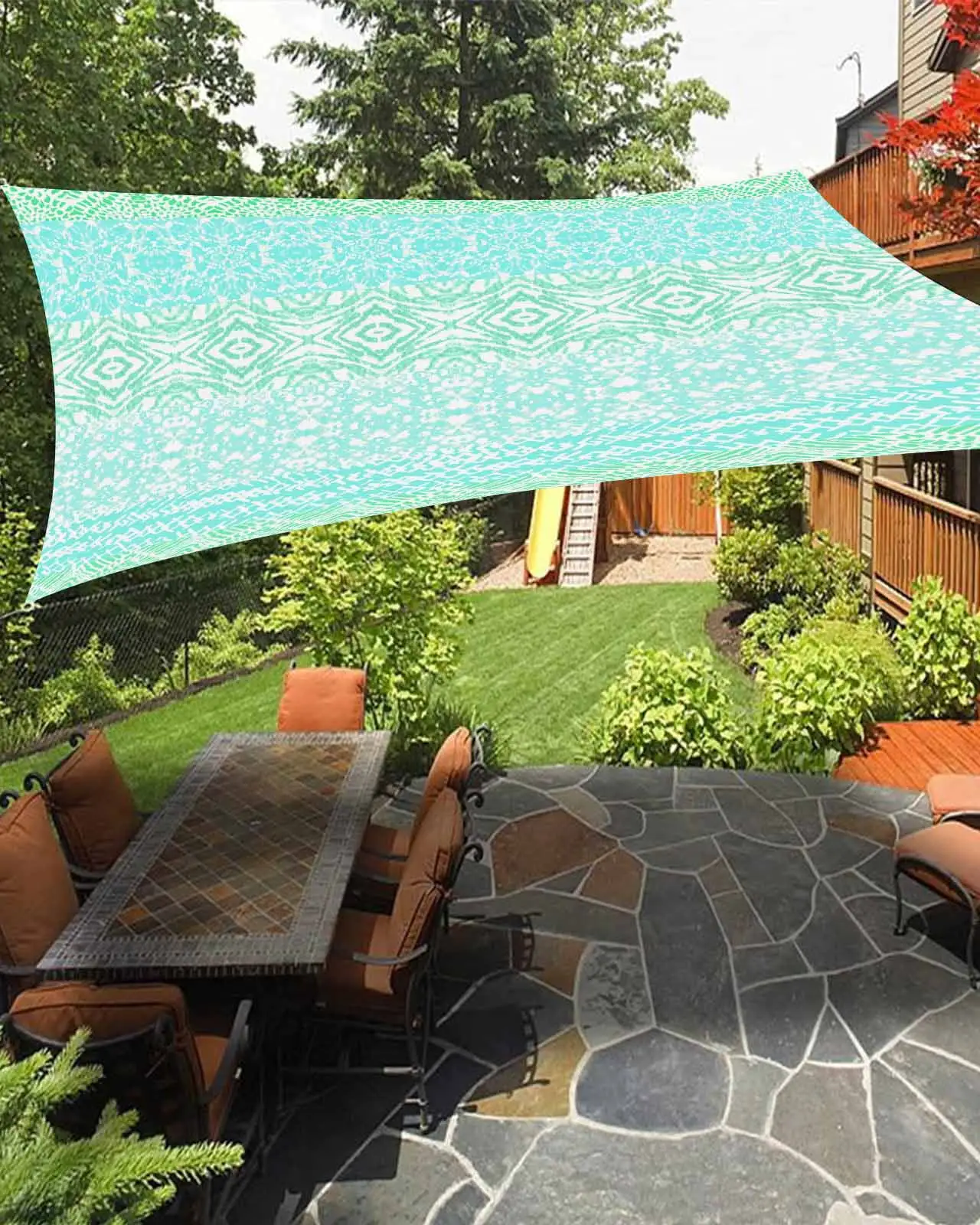 Sun Shade Sail 12x16Ft Boho Teal and Green Striped Geometric Ethnic Style Uv Block Sunshade Canopy Outdoor Shade Cover Rectangle Shade Cloth For Patio Garden Yard Deck Pergola