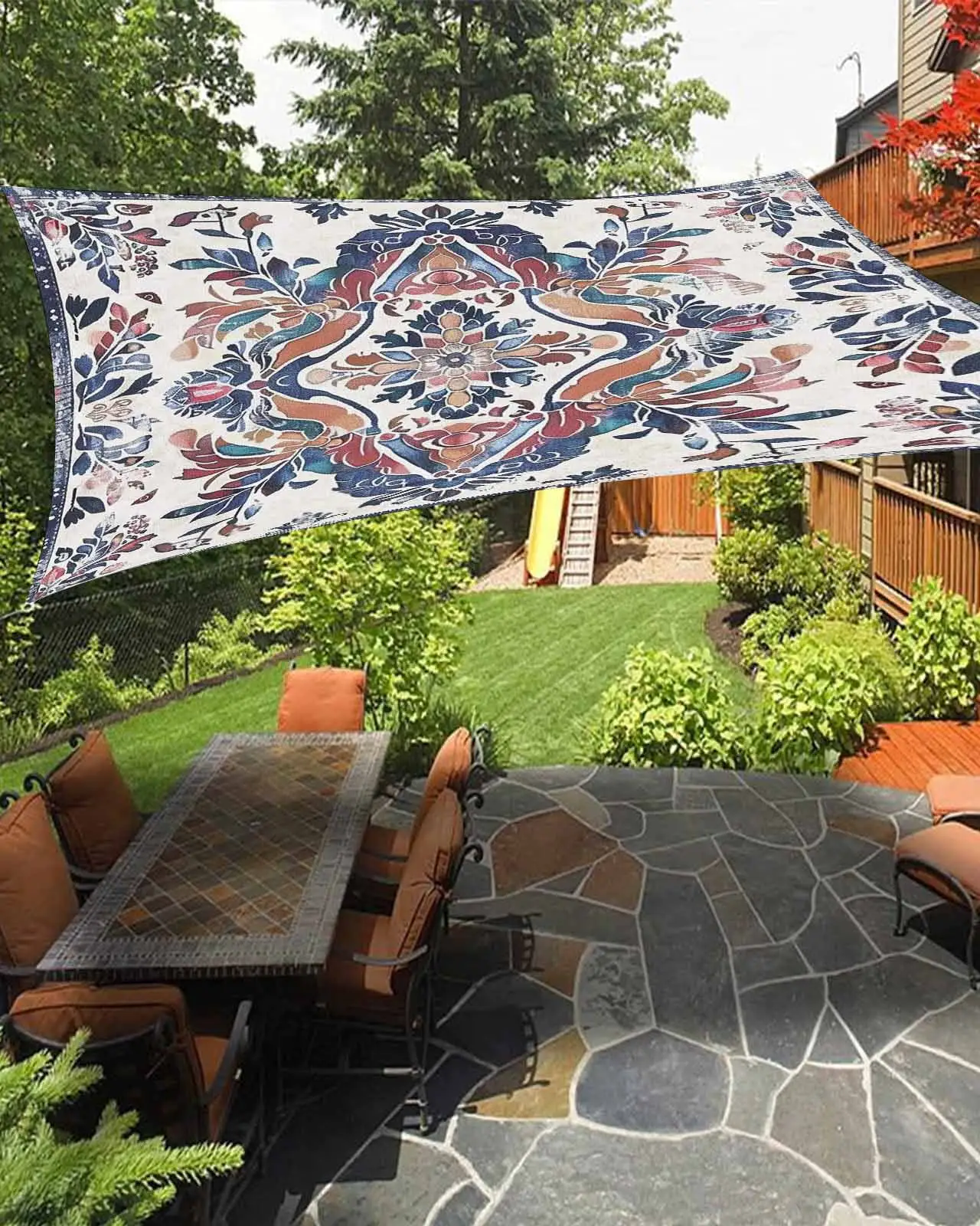 Sun Shade Sail 12x16Ft Boho Vintage Blue and Red Floral Pattern Uv Block Sunshade Canopy Outdoor Shade Cover Rectangle Shade Cloth For Patio Garden Yard Deck Pergola