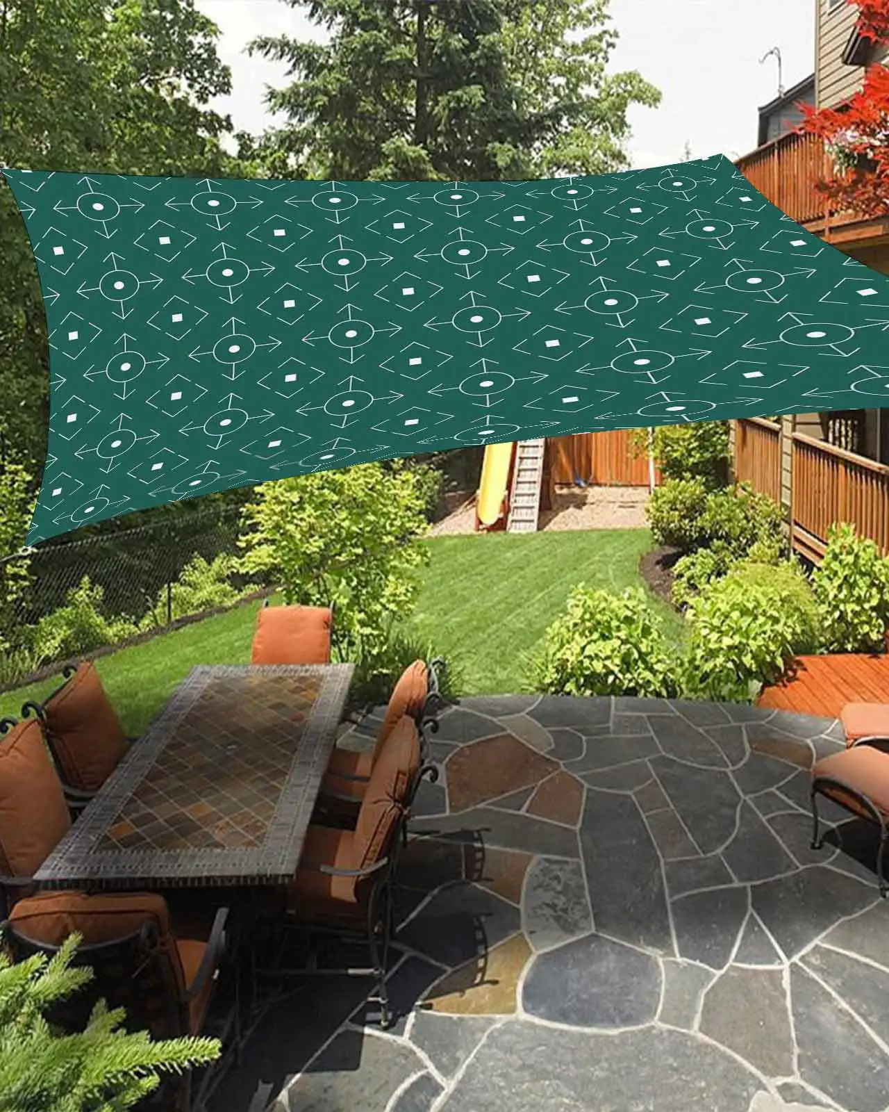 Sun Shade Sail 12x16Ft Boho Watercolor Green Ethnic Geometric Pattern Uv Block Sunshade Canopy Outdoor Shade Cover Rectangle Shade Cloth For Patio Garden Yard Deck Pergola