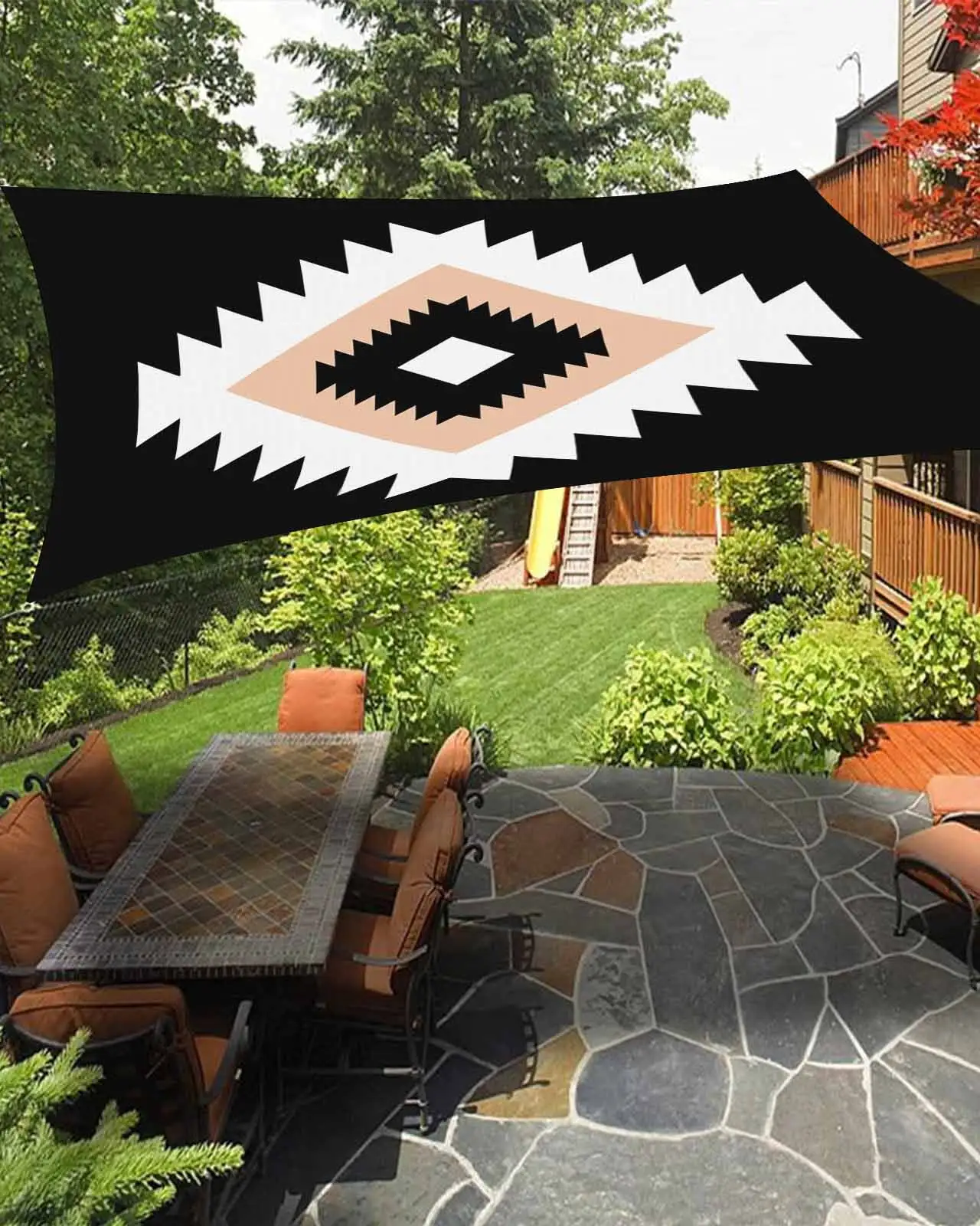 Sun Shade Sail 12x16Ft Boho White Khaki and Black Geometric Moroccan Farmhouse Black Uv Block Sunshade Canopy Outdoor Shade Cover Rectangle Shade Cloth For Patio Garden Yard Deck Pergola