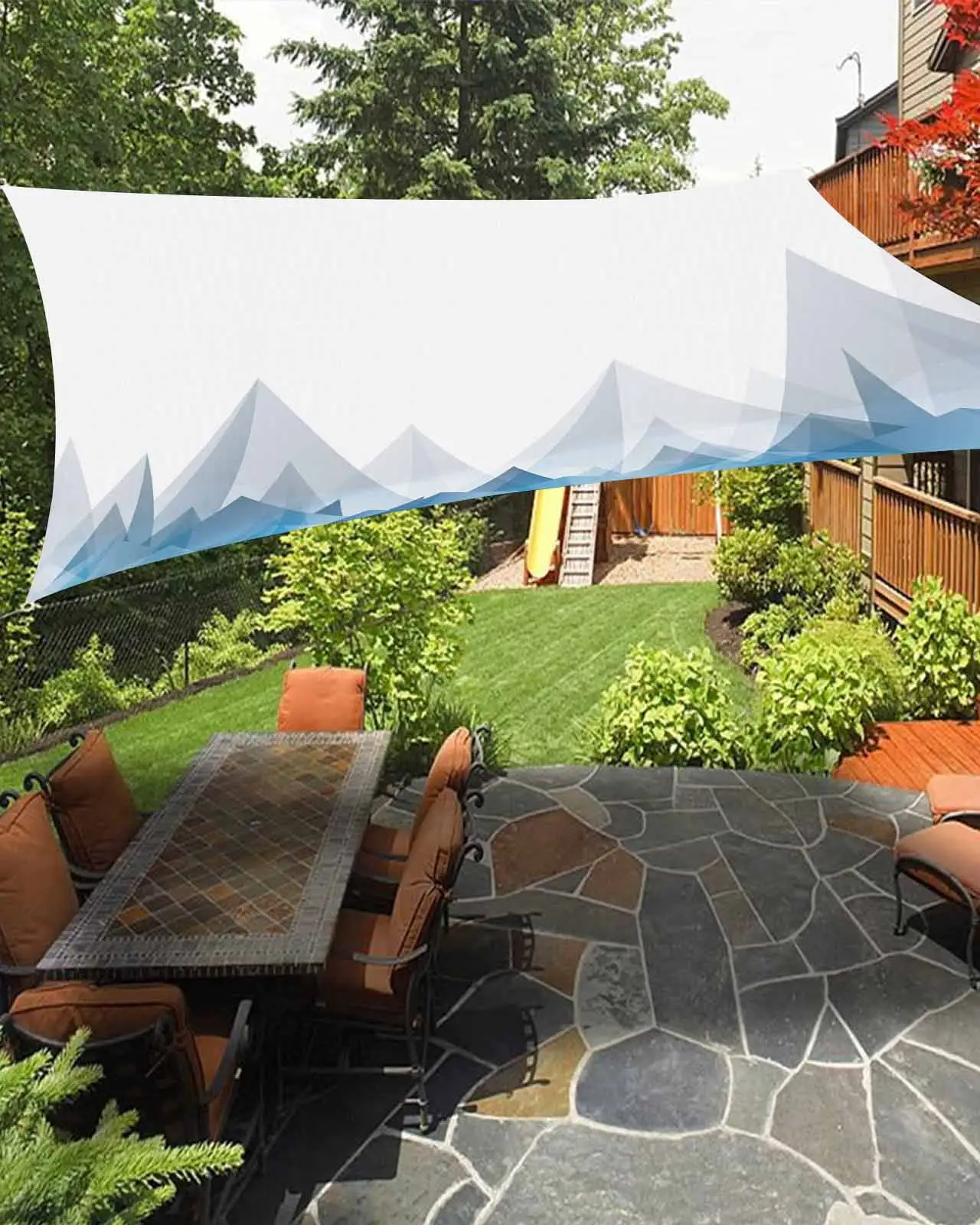 Sun Shade Sail 12x16Ft Cartoon Abstract Mountains Blue Gradient Uv Block Sunshade Canopy Outdoor Shade Cover Rectangle Shade Cloth For Patio Garden Yard Deck Pergola