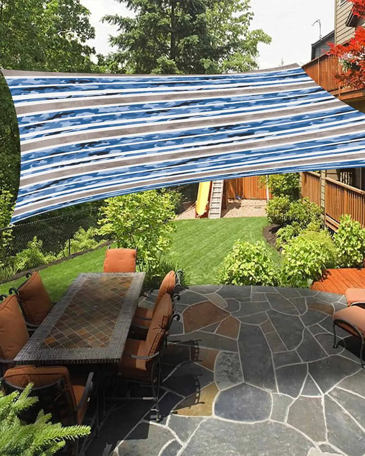 Sun Shade Sail 12x16Ft Colorful Stripe Blue and Gray Uv Block Sunshade Canopy Outdoor Shade Cover Rectangle Shade Cloth For Patio Garden Yard Deck Pergola