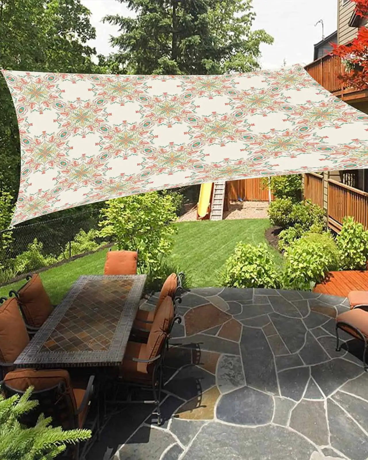 Sun Shade Sail 12x16Ft Exquisite Retro Pink Flowers Boho Lines Uv Block Sunshade Canopy Outdoor Shade Cover Rectangle Shade Cloth For Patio Garden Yard Deck Pergola