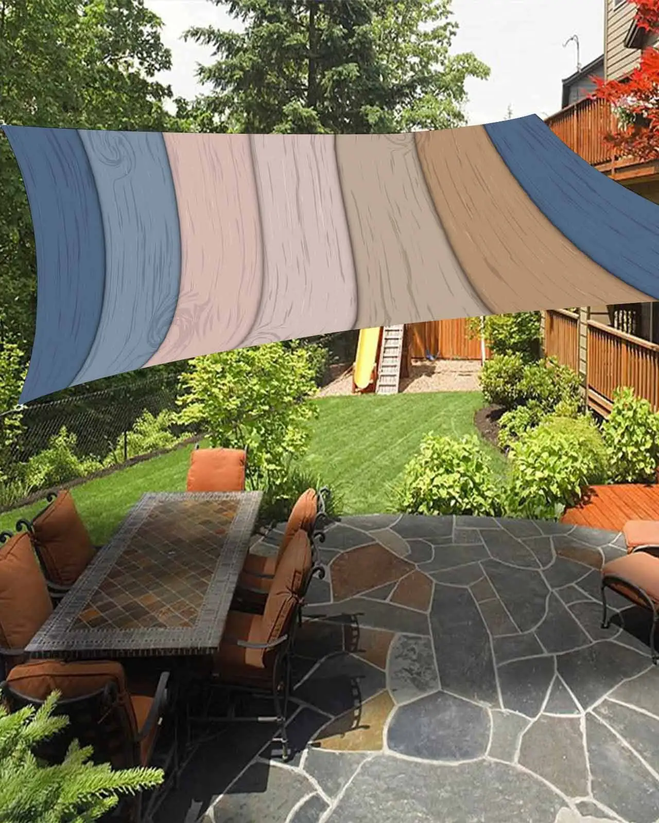 Sun Shade Sail 12x16Ft Farmhouse Retro Blue Brown Ombre Wood Grain Uv Block Sunshade Canopy Outdoor Shade Cover Rectangle Shade Cloth For Patio Garden Yard Deck Pergola