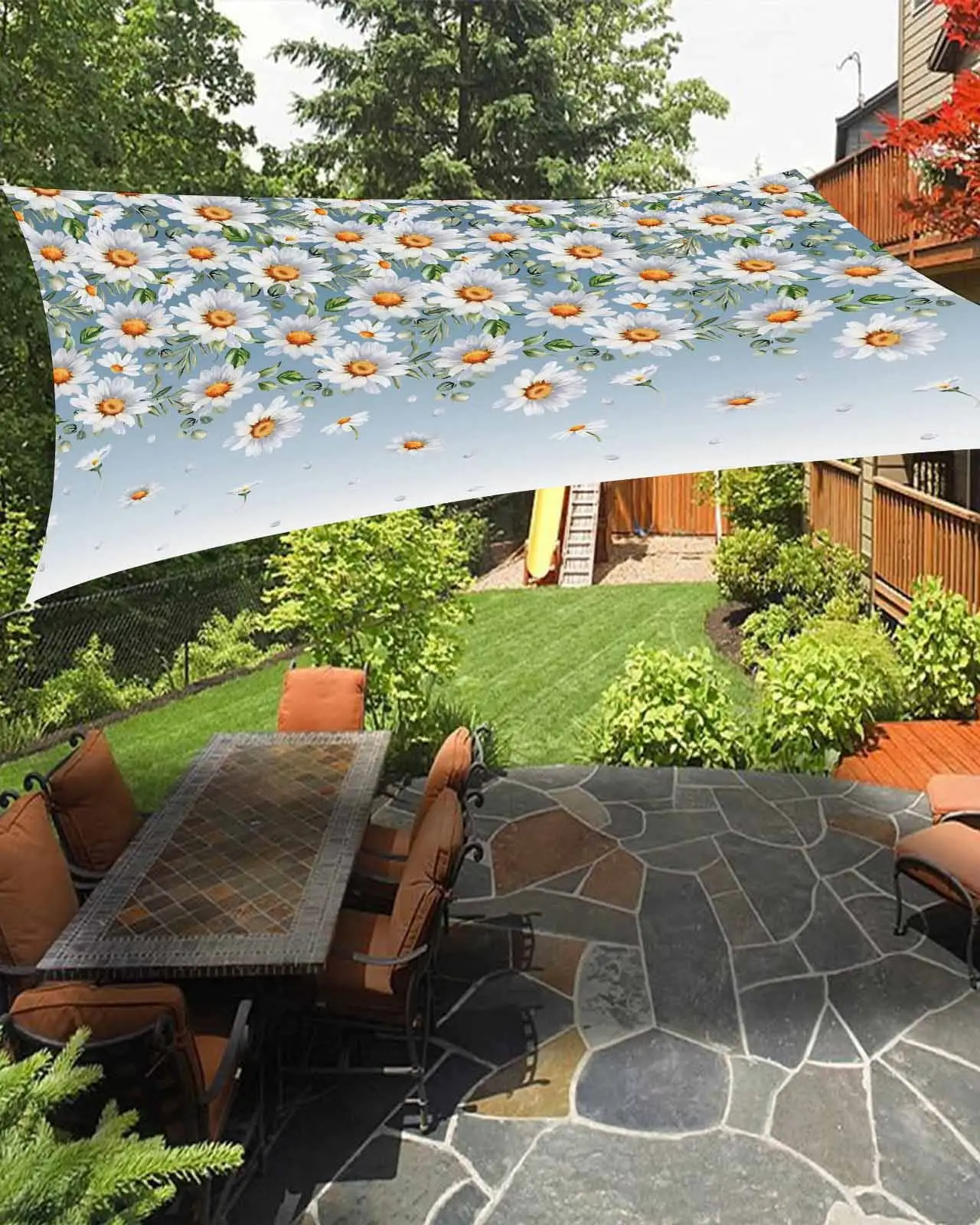 Sun Shade Sail 12x16Ft Flowers White Daisy Pattern Uv Block Sunshade Canopy Outdoor Shade Cover Rectangle Shade Cloth For Patio Garden Yard Deck Pergola