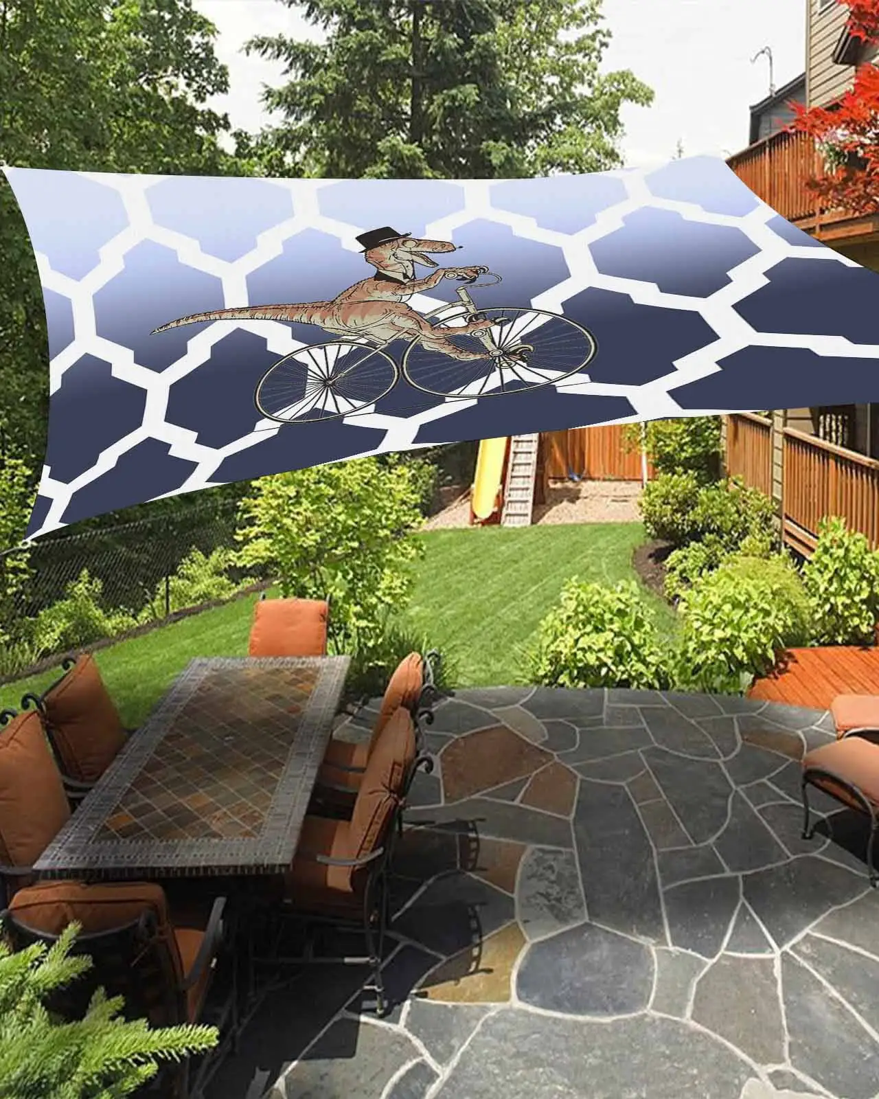 Sun Shade Sail 12x16Ft Funny Dinosaur Navy Blue Gradient Morocco Pattern Uv Block Sunshade Canopy Outdoor Shade Cover Rectangle Shade Cloth For Patio Garden Yard Deck Pergola