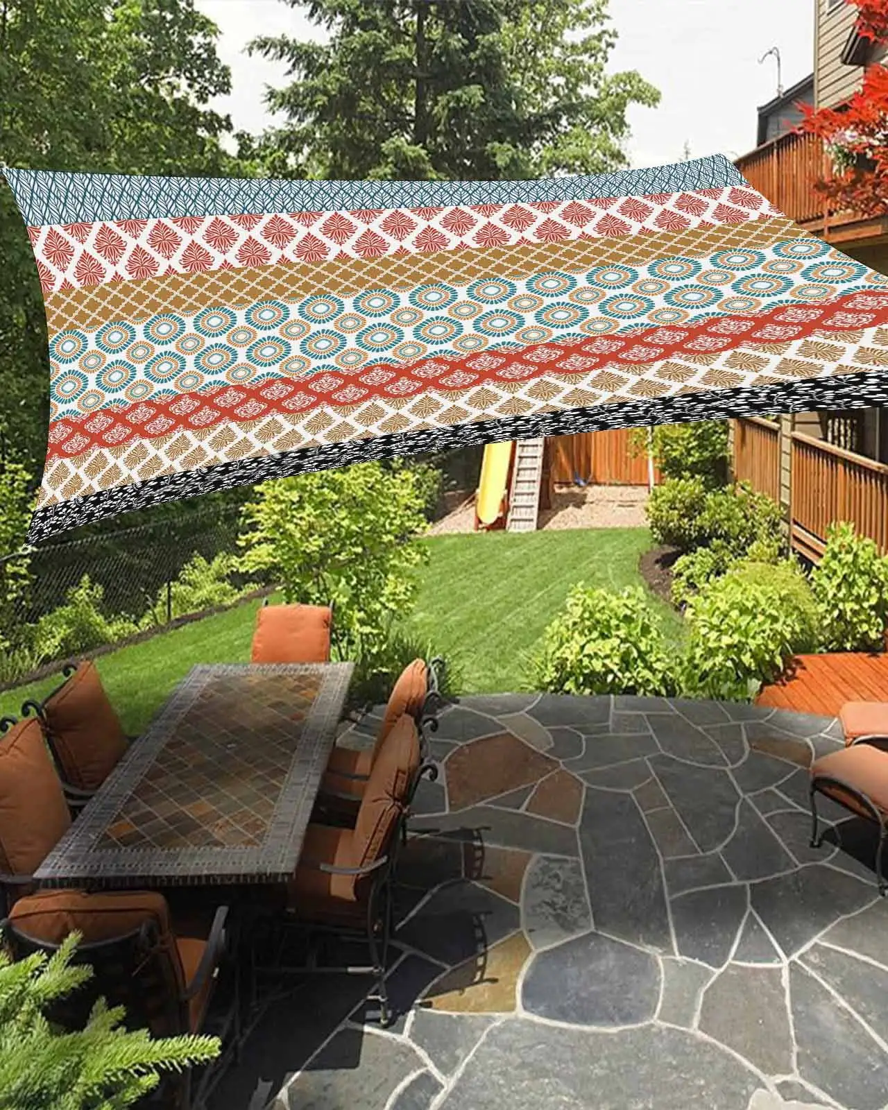 Sun Shade Sail 12x16Ft Geometric Bohemia Stripes Brown Red and Blue Uv Block Sunshade Canopy Outdoor Shade Cover Rectangle Shade Cloth For Patio Garden Yard Deck Pergola