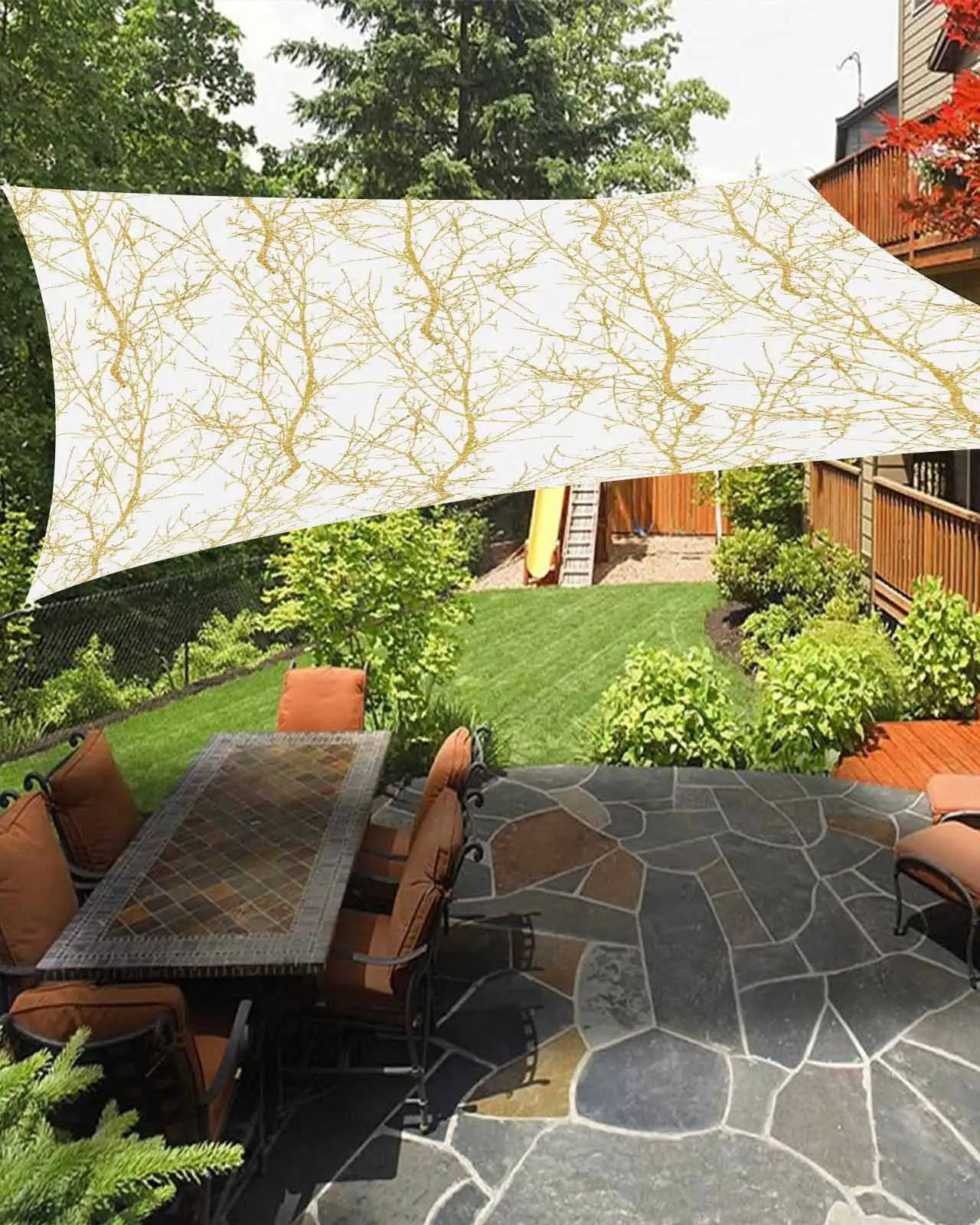 Sun Shade Sail 12x16Ft Gradient Gold Tree Branch Uv Block Sunshade Canopy Outdoor Shade Cover Rectangle Shade Cloth For Patio Garden Yard Deck Pergola