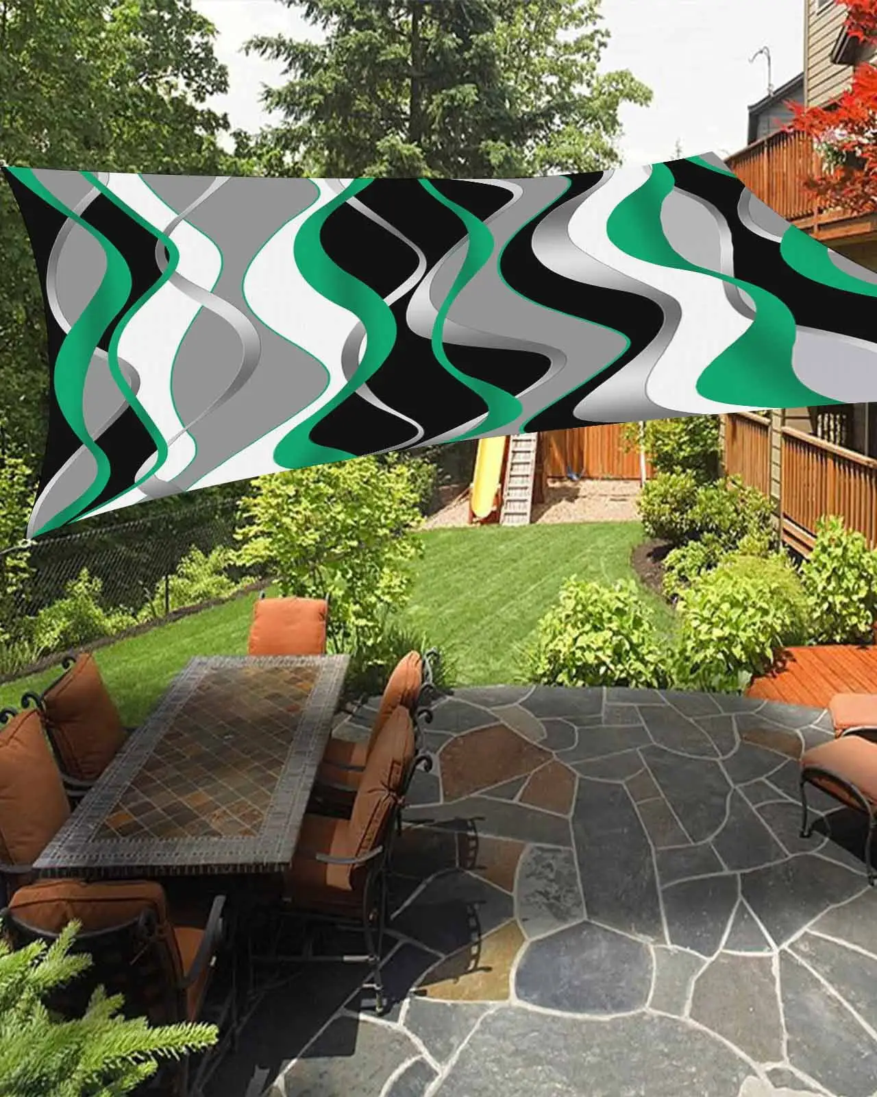 Sun Shade Sail 12x16Ft Gradient Gray Teal Abstract Geometric Lines Uv Block Sunshade Canopy Outdoor Shade Cover Rectangle Shade Cloth For Patio Garden Yard Deck Pergola