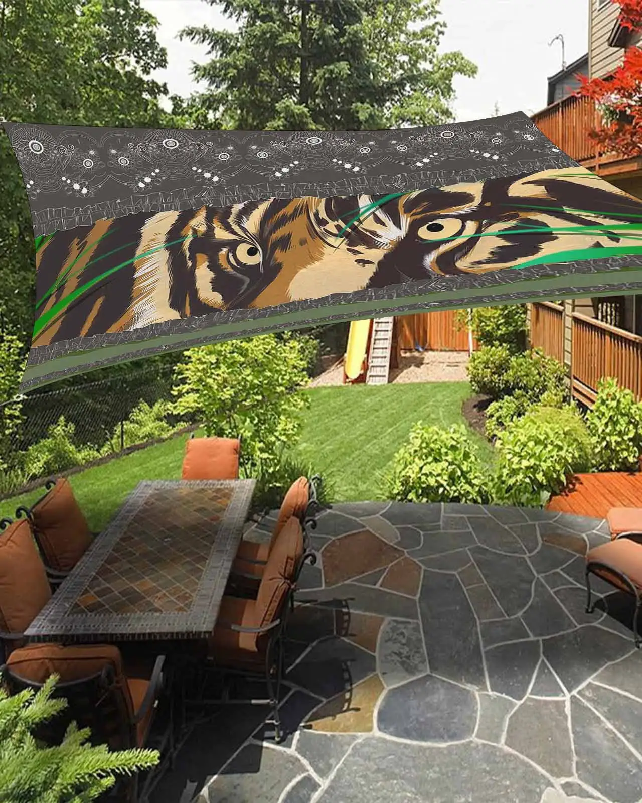 Sun Shade Sail 12x16Ft Hand Drawn Art Fantasy Tiger Boho Texture Uv Block Sunshade Canopy Outdoor Shade Cover Rectangle Shade Cloth For Patio Garden Yard Deck Pergola