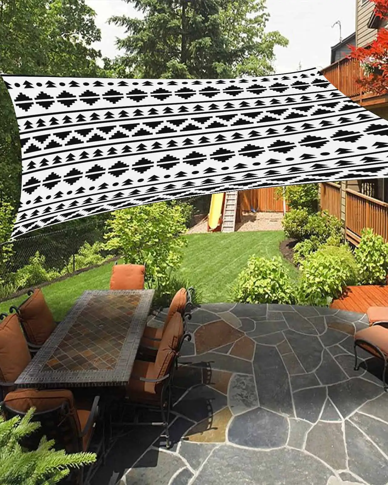 Sun Shade Sail 12x16Ft Indian Mandala Boho Striped Black White Uv Block Sunshade Canopy Outdoor Shade Cover Rectangle Shade Cloth For Patio Garden Yard Deck Pergola