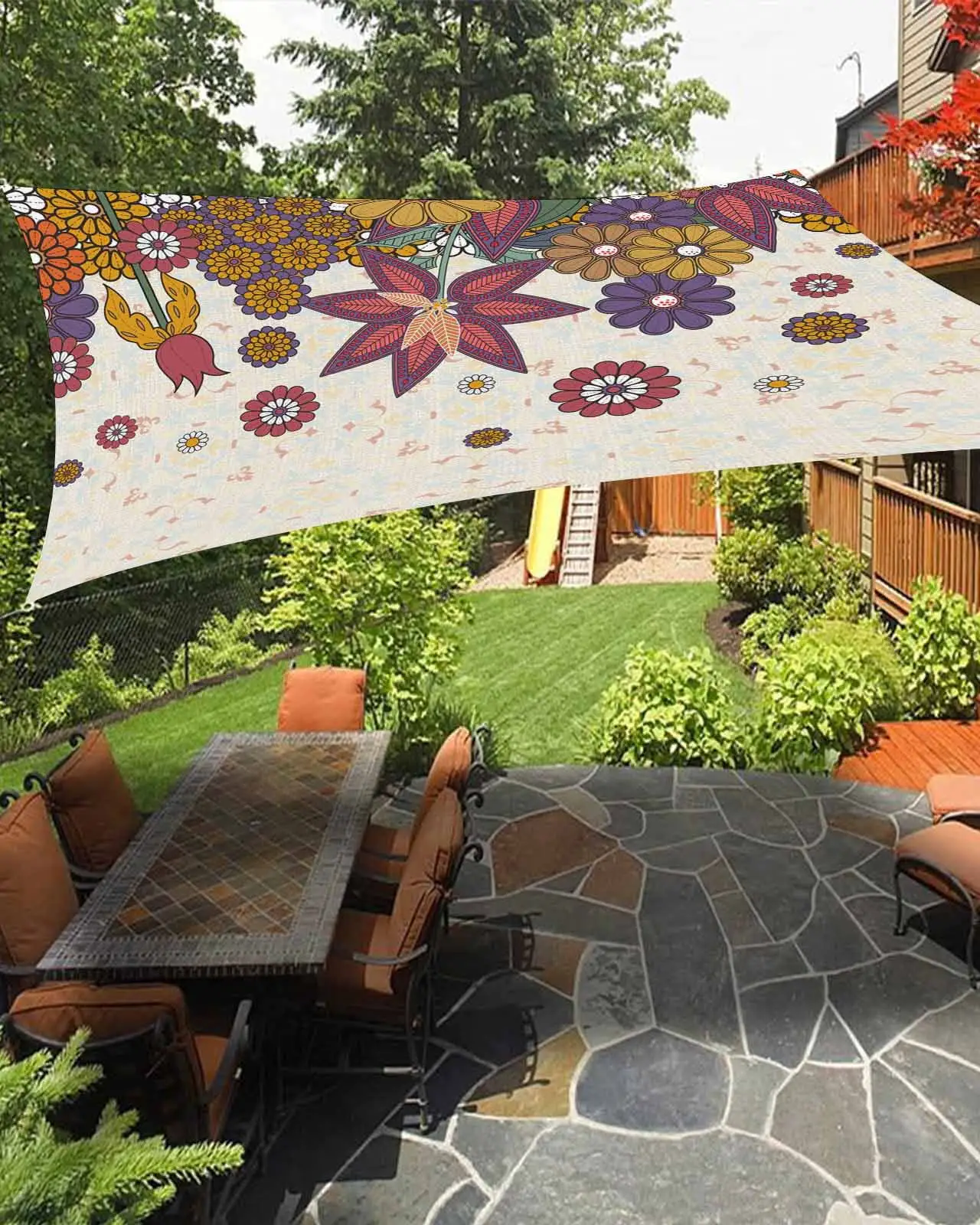 Sun Shade Sail 12x16Ft Linen Bohemian Vintage Flower Pattern Uv Block Sunshade Canopy Outdoor Shade Cover Rectangle Shade Cloth For Patio Garden Yard Deck Pergola