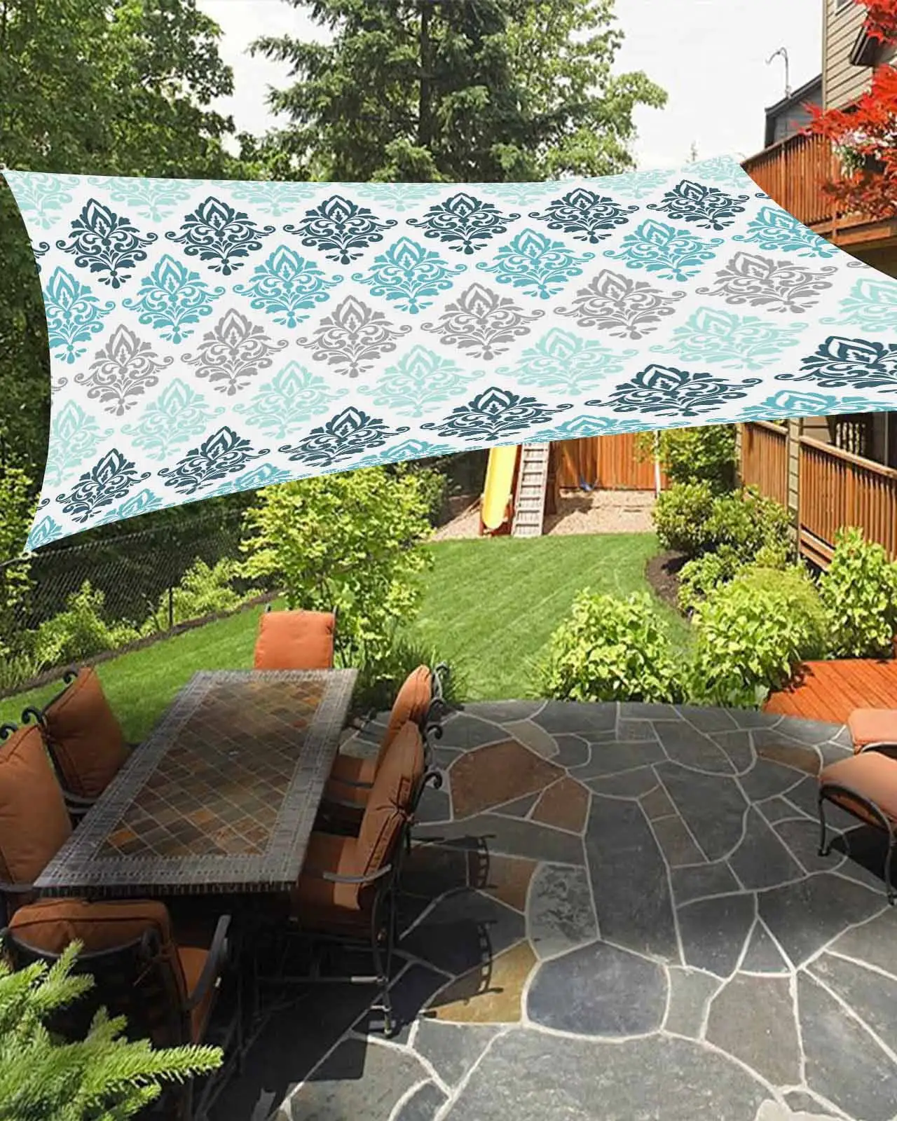 Sun Shade Sail 12x16Ft Luxury Boho Aqua Flowers Gradient Pattern Uv Block Sunshade Canopy Outdoor Shade Cover Rectangle Shade Cloth For Patio Garden Yard Deck Pergola