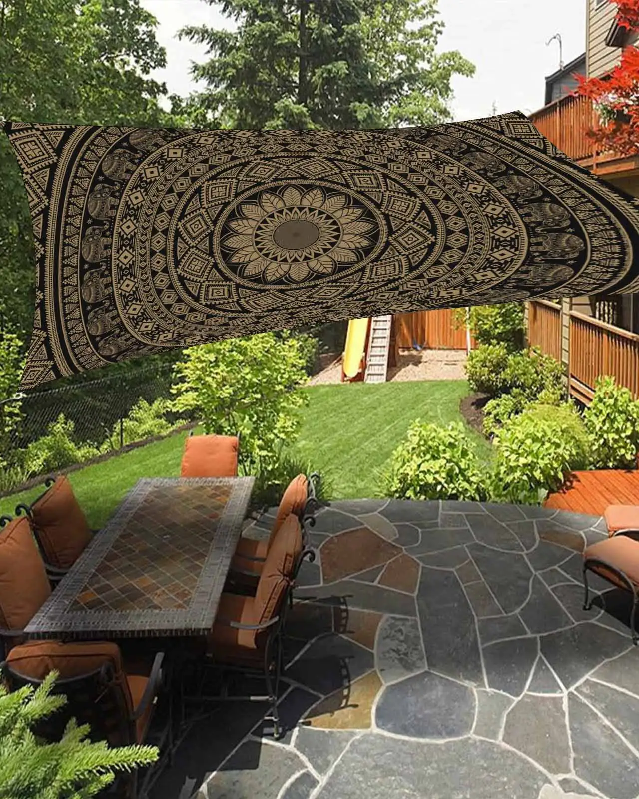 Sun Shade Sail 12x16Ft Mandala Circle Design Uv Block Sunshade Canopy Outdoor Shade Cover Rectangle Shade Cloth For Patio Garden Yard Deck Pergola