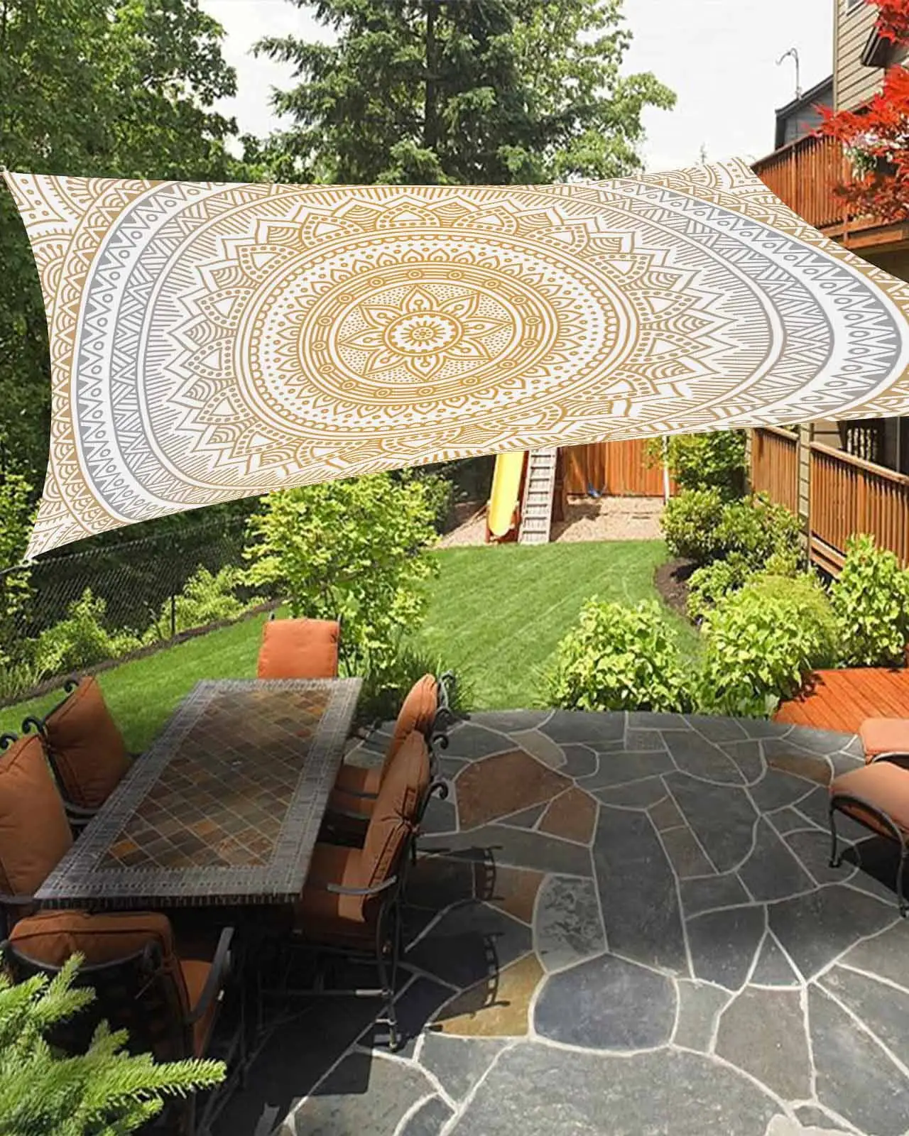 Sun Shade Sail 12x16Ft Mandala Flower Art Ombre Orange Gre Uv Block Sunshade Canopy Outdoor Shade Cover Rectangle Shade Cloth For Patio Garden Yard Deck Pergola