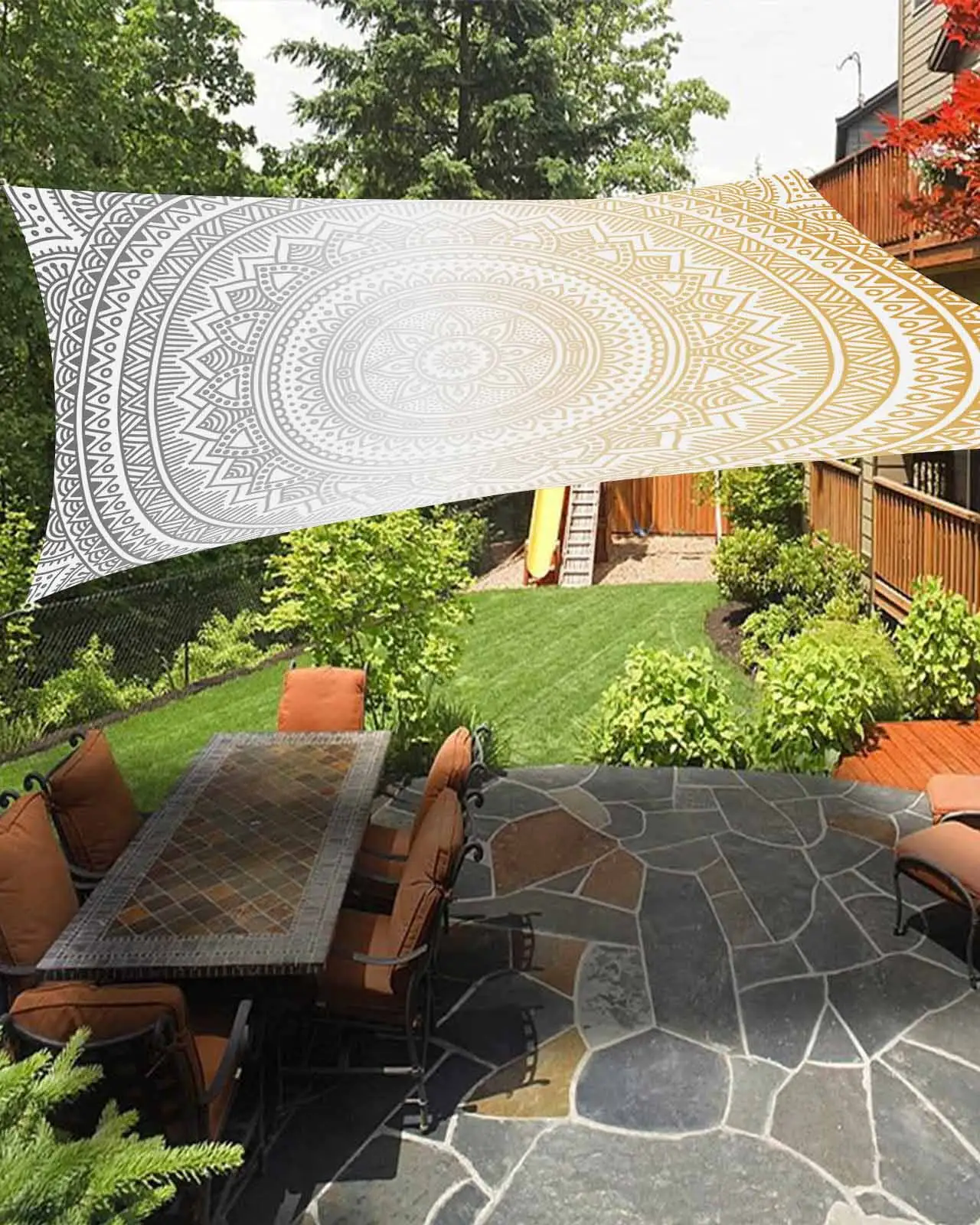 Sun Shade Sail 12x16Ft Mandala Flower Art Ombre Yellow Grey Uv Block Sunshade Canopy Outdoor Shade Cover Rectangle Shade Cloth For Patio Garden Yard Deck Pergola